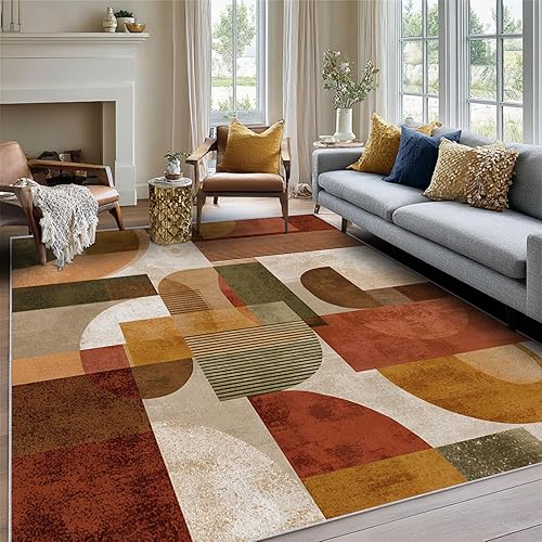 Miniatura 120 de Alfombra retro de los años 70, alfombras de área de 6 x 8 pies, patrón geométrico moderno de mediados de siglo, para sala de estar, dormitorio,