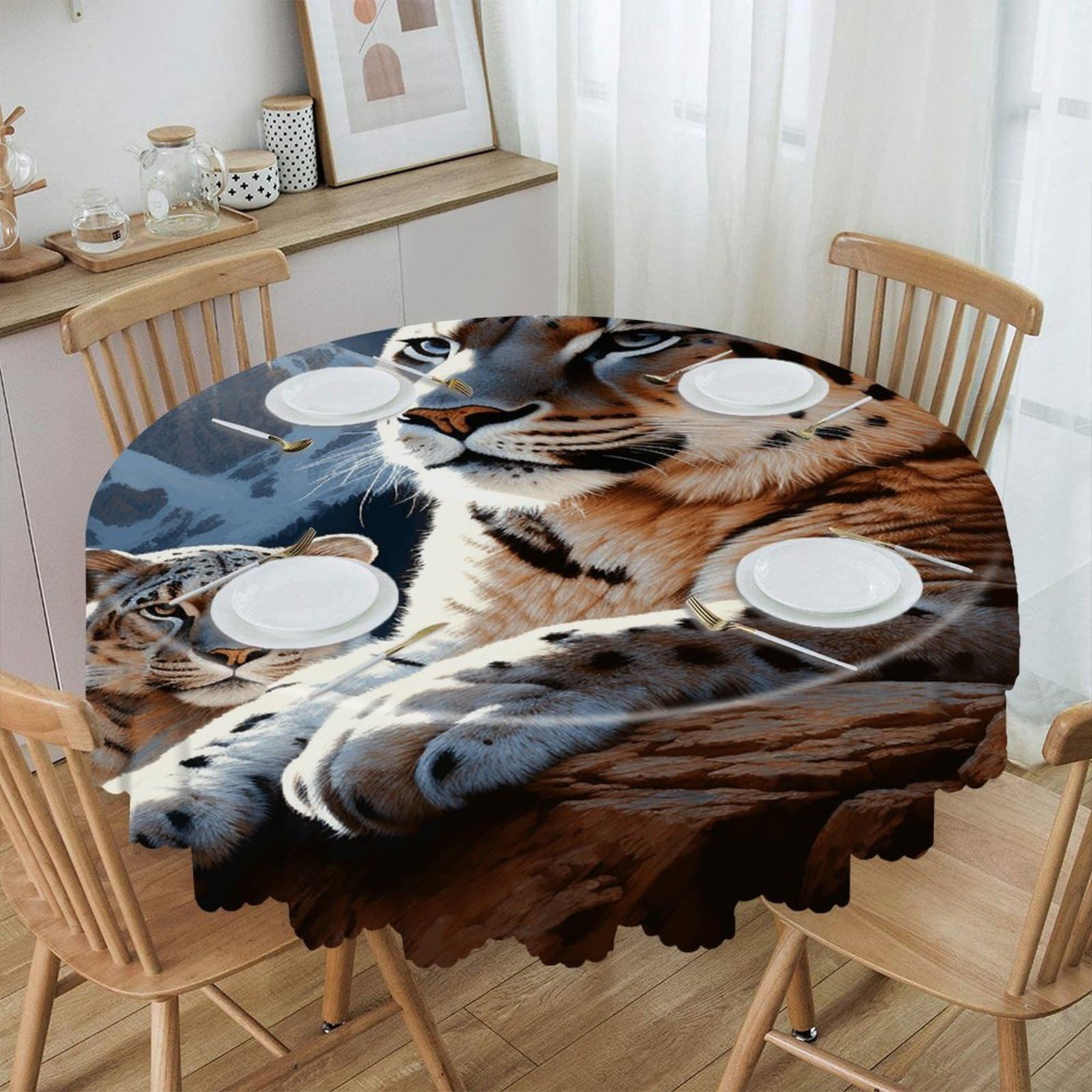 LZQPOEAS Mountain Lions Round Tablecloth Rustic Circle Table Cloth Wrinkle Resistant Decor Tablecloth Waterproof Washable Table Cover for Kitchen Party Dining Table 60 Inch