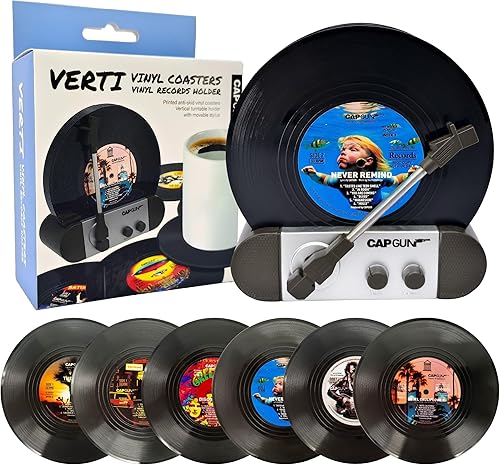 Miniatura 1 de Divertidos posavasos retro para discos de vinilo, juego de 6 posavasos creativos con soporte para tocadiscos de vinilo para amantes de la música,