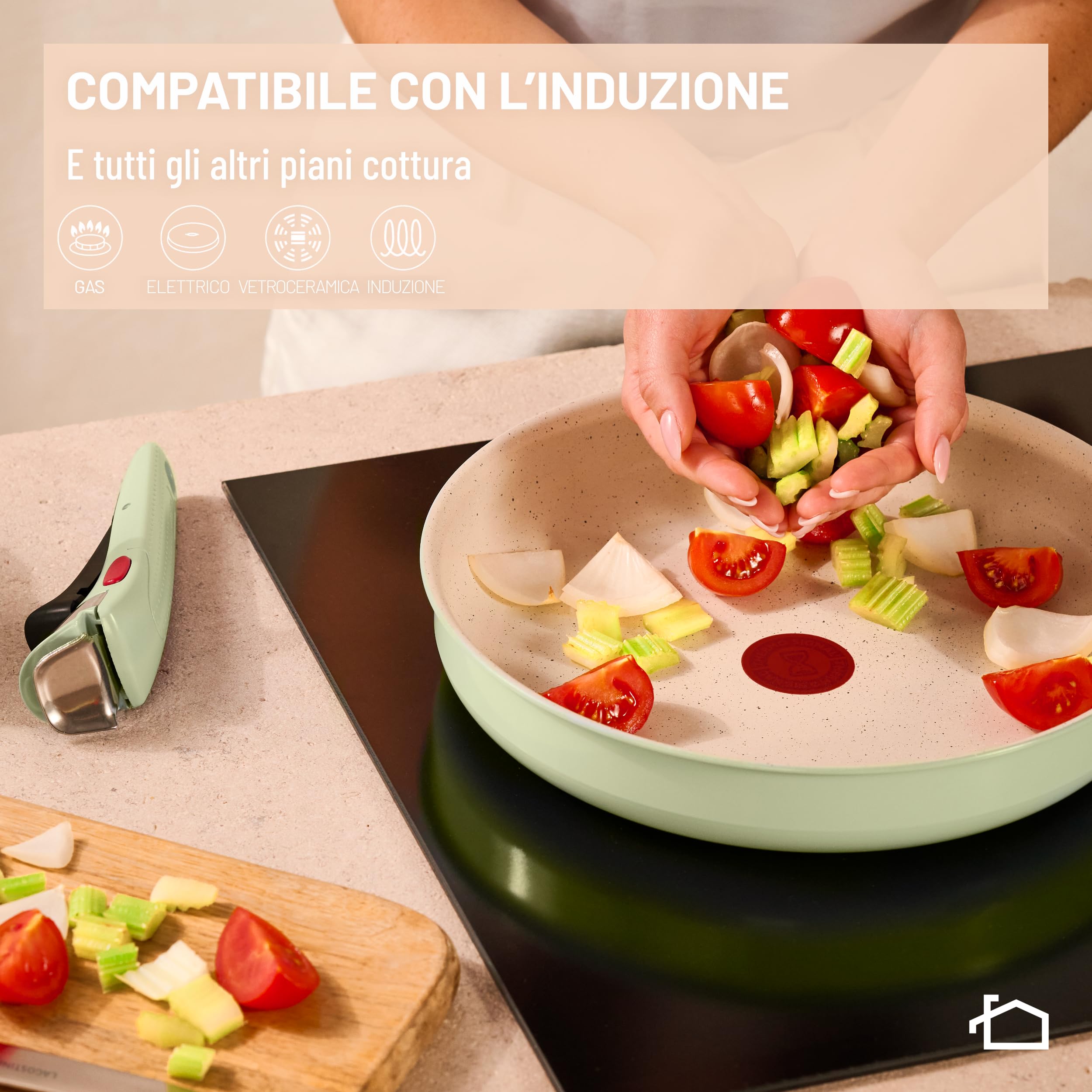 Lagostina Ingenio Pastel, Set di Padelle Antiaderenti 4 Pezzi con Manico Rimovibile, Compatibili con Induzione e Forno, Design Salvaspazio, Colore Salvia