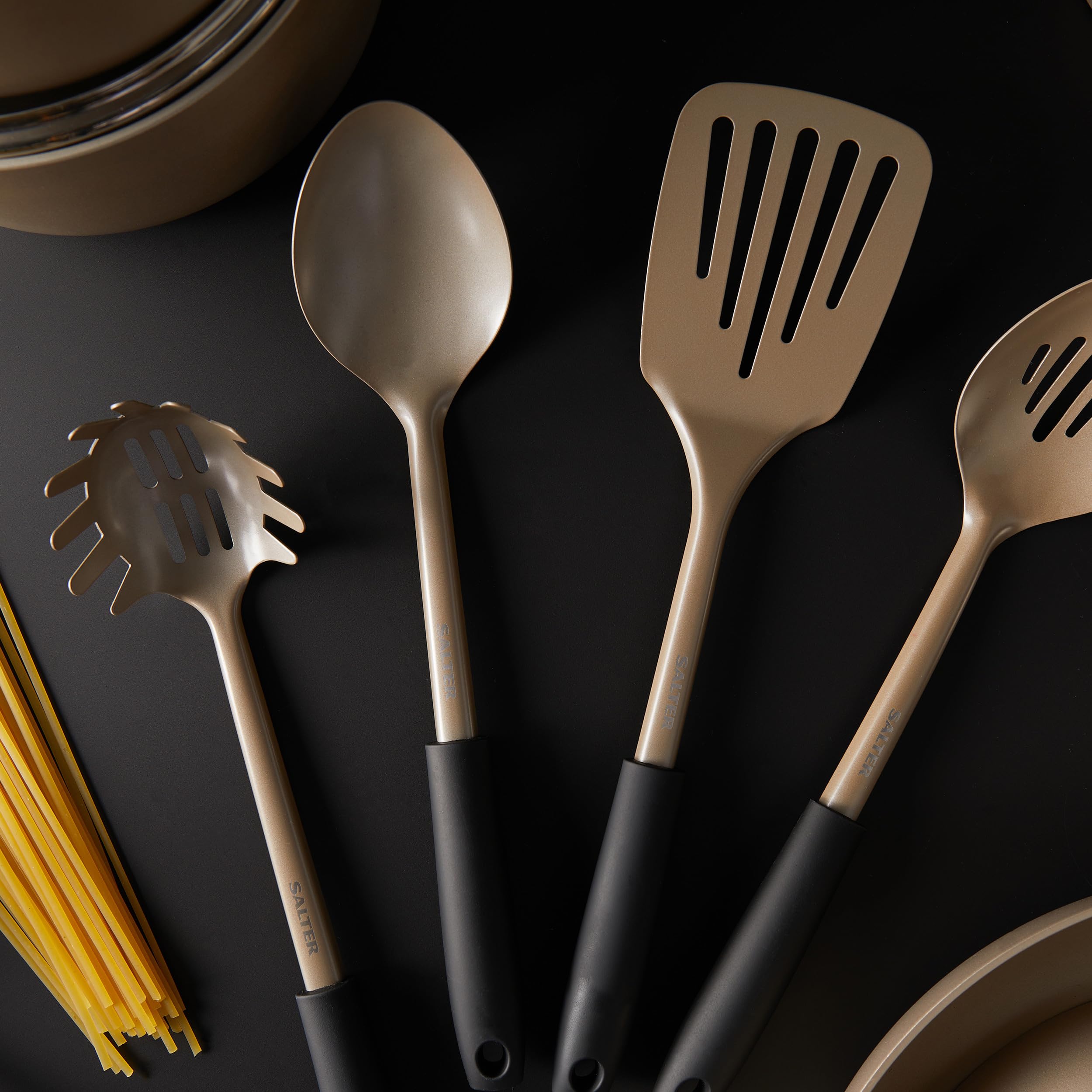 Salter BW11129EU7 Olympus Collection Solid Spoon, Long-Lasting Stainless Steel Serving Spoon Kitchen Utensil, Hanging Hook, Easy-Clean, Metal Multifunctional Cooking Tool, Stirring and Serving, Gold