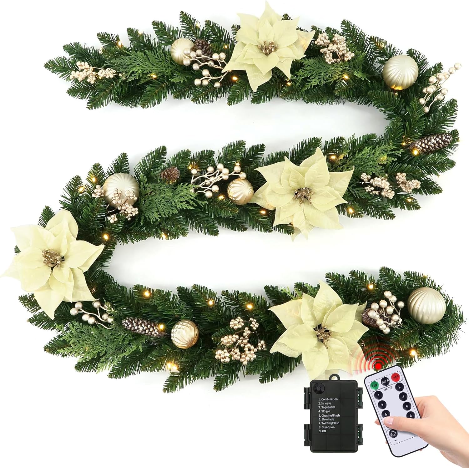 Christmas Garland with Lights Dailyart 9FT 80LED Xmas Pre-lit Wreath Lights with Timer Decorated with Christmas Flower Ball Pinecones Berry Artificial Lighted Garland for Fireplace Stairs Home Decor