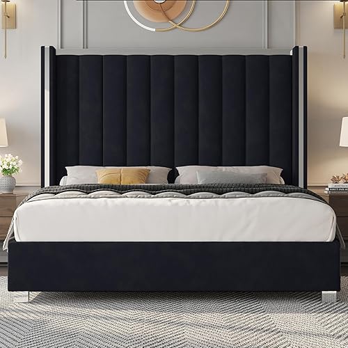 Miniatura 5 de Jocisland - Base de cama tamaño Queen con cabecera de 147 cm de alto, cama tapizada en plataforma de terciopelo con cabecera de acolchado acanalado