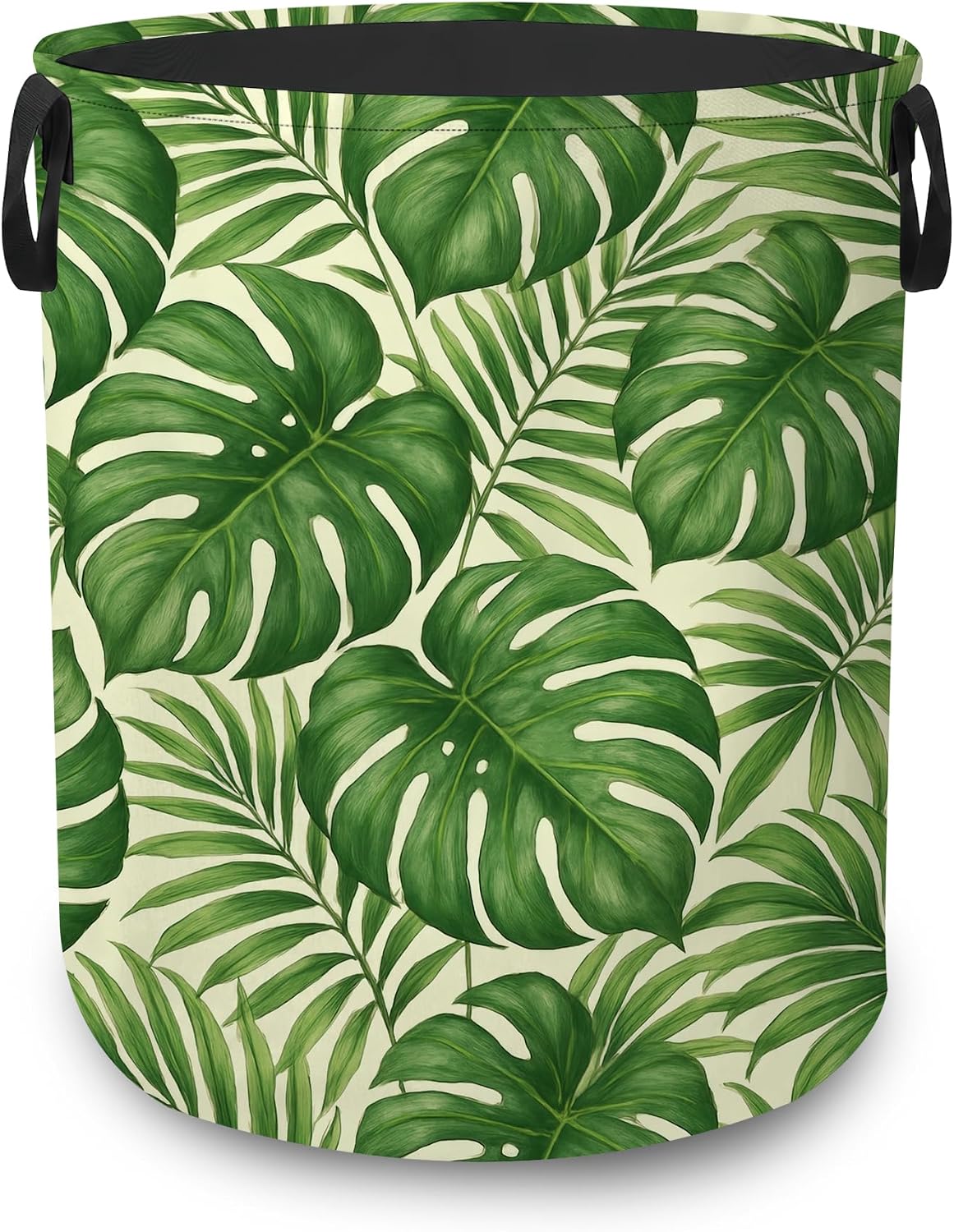Tropical Palm Leaves Portable Laundry Hamper,Green Monstera Collapsible Clothes Basket with Handles,Waterproof Oxford Cloth Organizer for Dorm Bedroom Bathroom Nursery,16 x 20 Inch