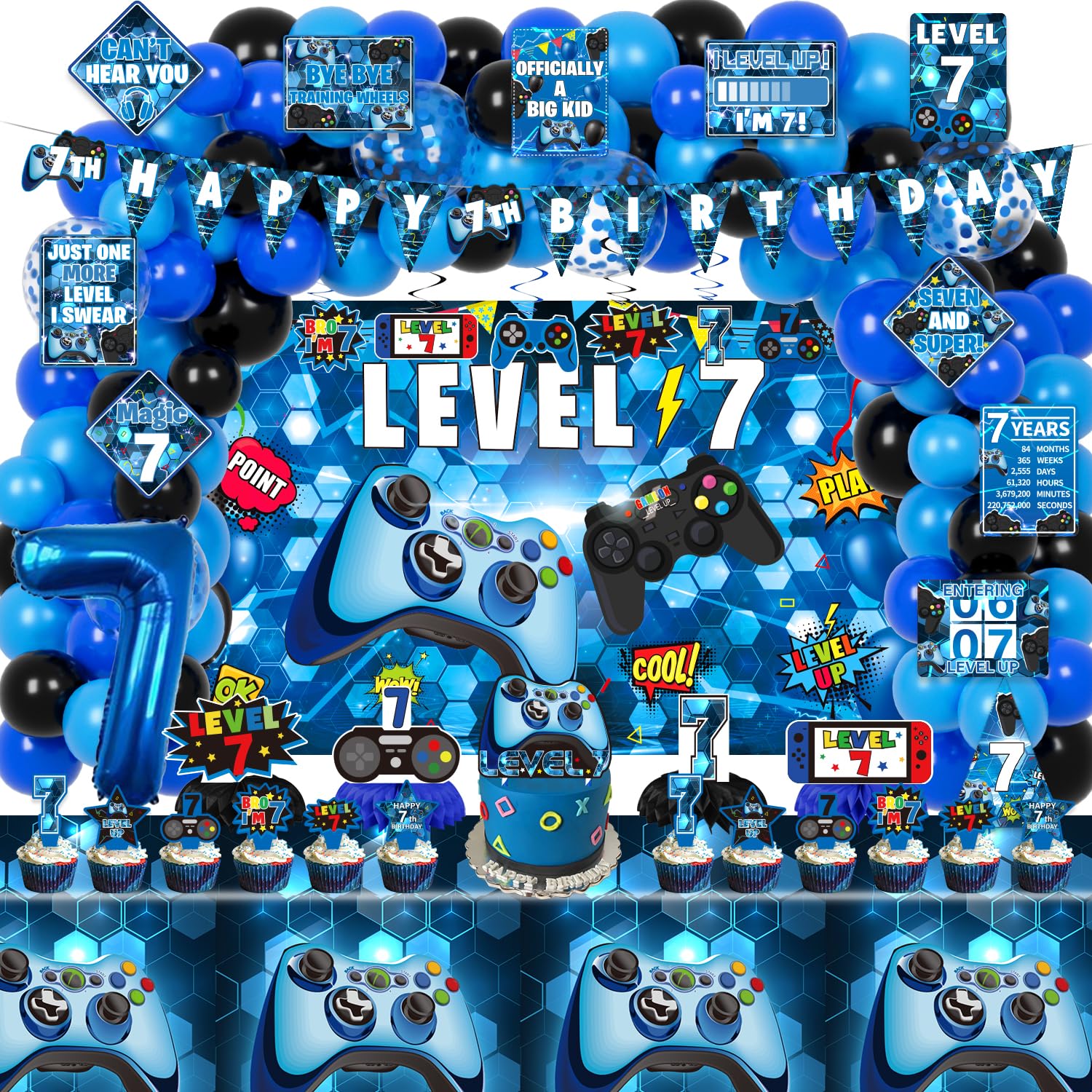 KOTLMIGHT 7th Birthday Decorations for Boys, 149Pcs Blue Video Game level 7 Party Supplies for Boy 7th Birthday - Backdrop, Banner, Balloons,