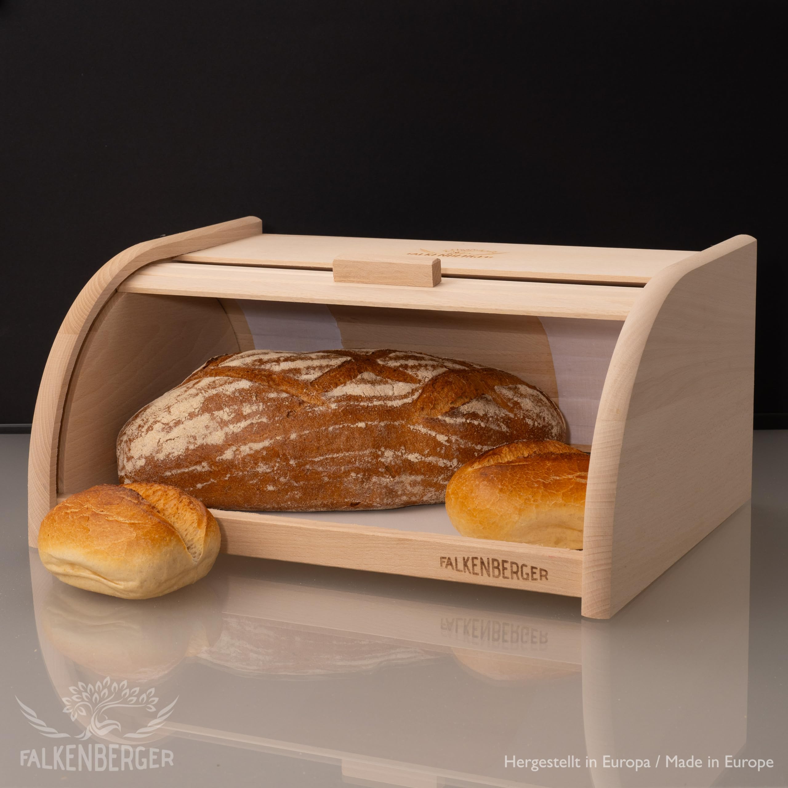 Contenitore per il pane in legno di faggio, ca. 39 x 28 x 18 cm, XL, con coperchio arrotolabile, realizzato a mano