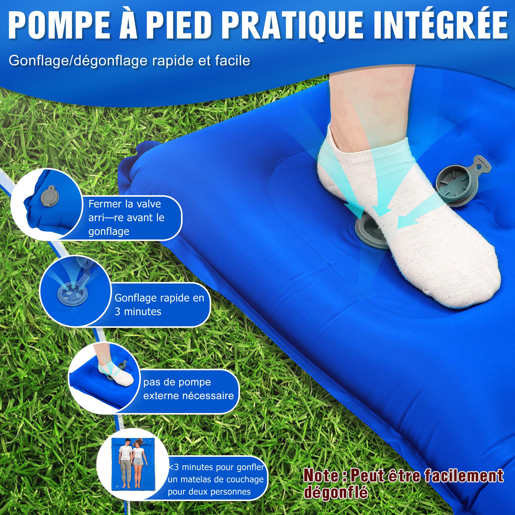 Matelas De Camping Auto-gonflant JEMULICE – Double, 5,91 Pouces D’épaisseur – Ultra Léger – Avec Pompe à Pied Intégrée – Pour 2 Personnes