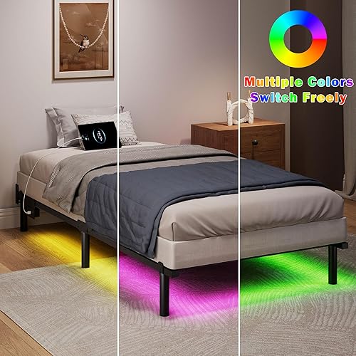 Miniatura 4 de Base de cama tamaño individual con LED, base de cama metálica de acero de 18 cm para somier y colchón, base de cama resistente básica con estación