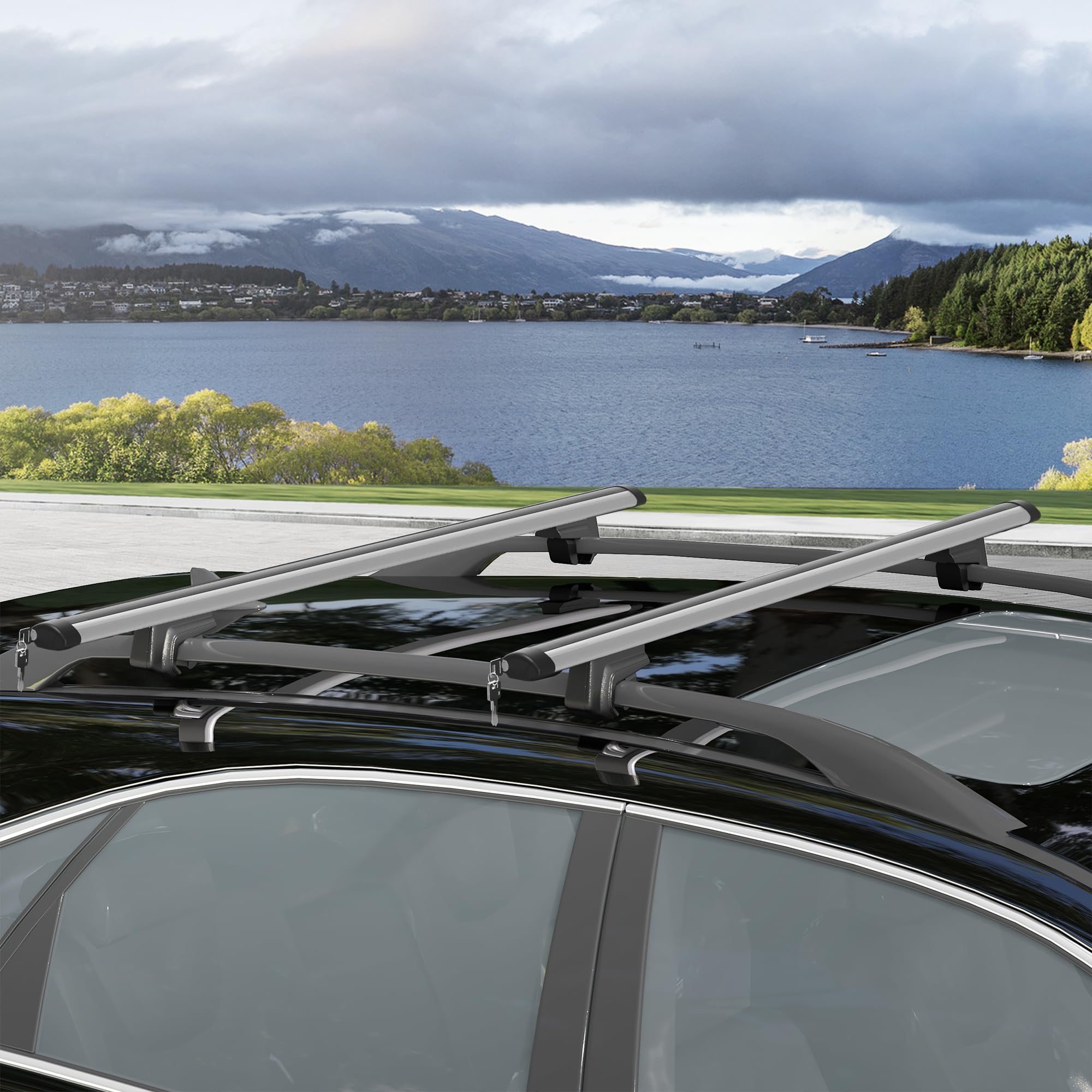 HOMCOM Barre Portatutto per Auto in Alluminio, Barre Portapacchi Macchina con Blocco e Chiavi di Sicurezza, Distanze fino a 120 cm, Capacità da 75 kg, per SUV, Berline e Furgoni, Argento
