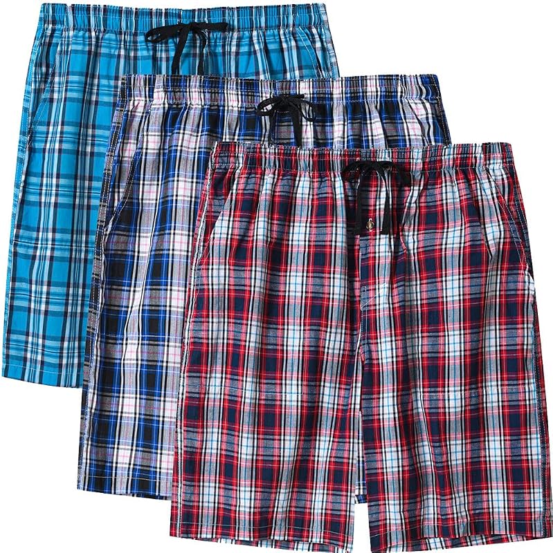 3pack Mens Pajama Short Bottom Sleep Lounge Cotton Plaid