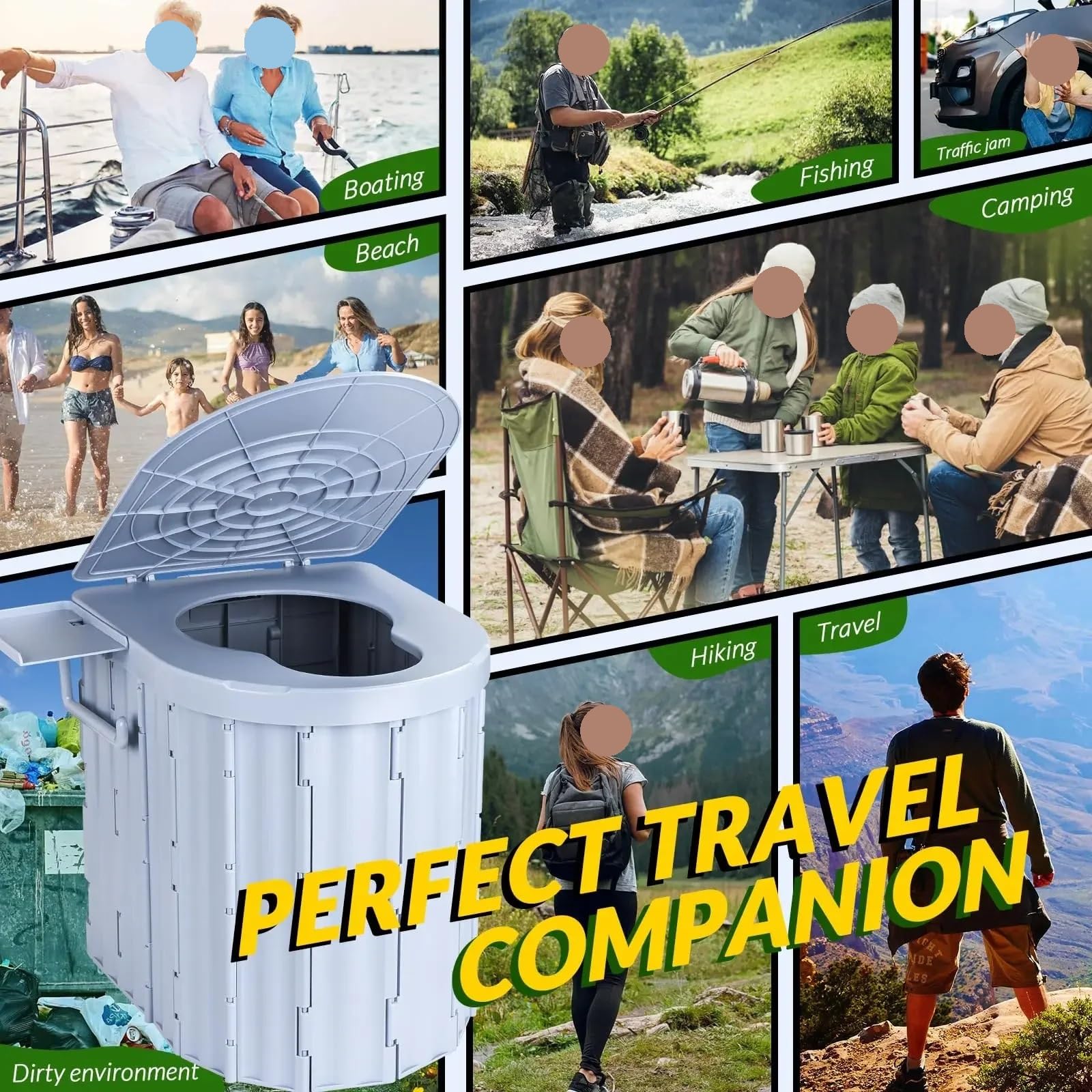 Baño Portátil, Inodoro Plegable Portátil para Acampar, Asiento Alto con Tapa