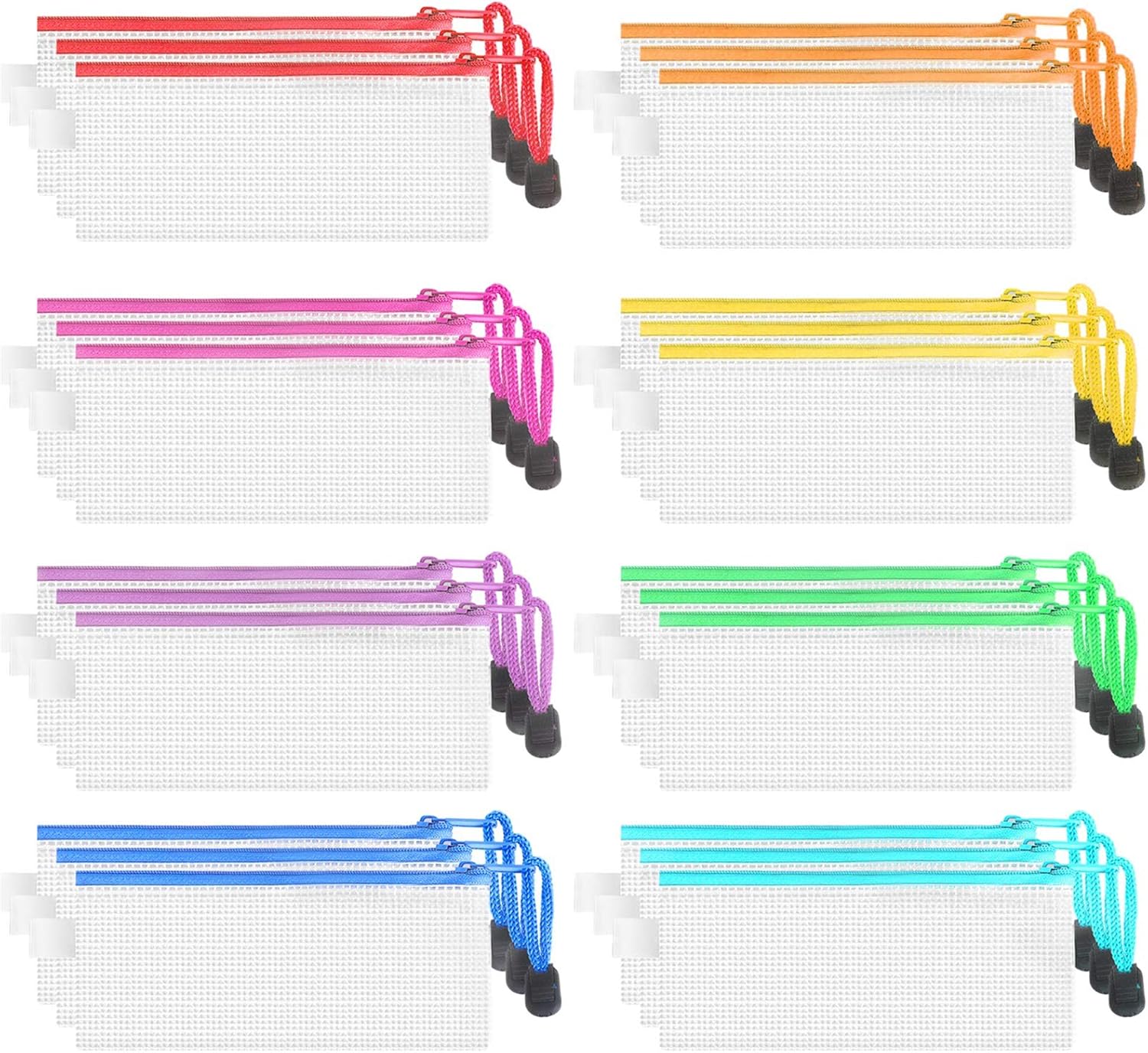JARLINK 24 Pack 8 Colors Zipper Mesh Pouch, Waterproof File Storage Bags, Multipurpose for Organizing Office Supplies Cosmetics Travel Accessories