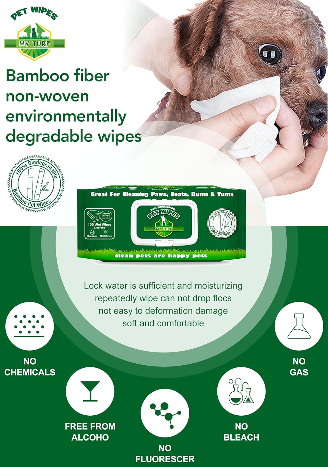 MY TURF Cat And Dog Grooming Pet Wipes Antiseptic And Antibacterial Wipes 100 Count (15x20cm