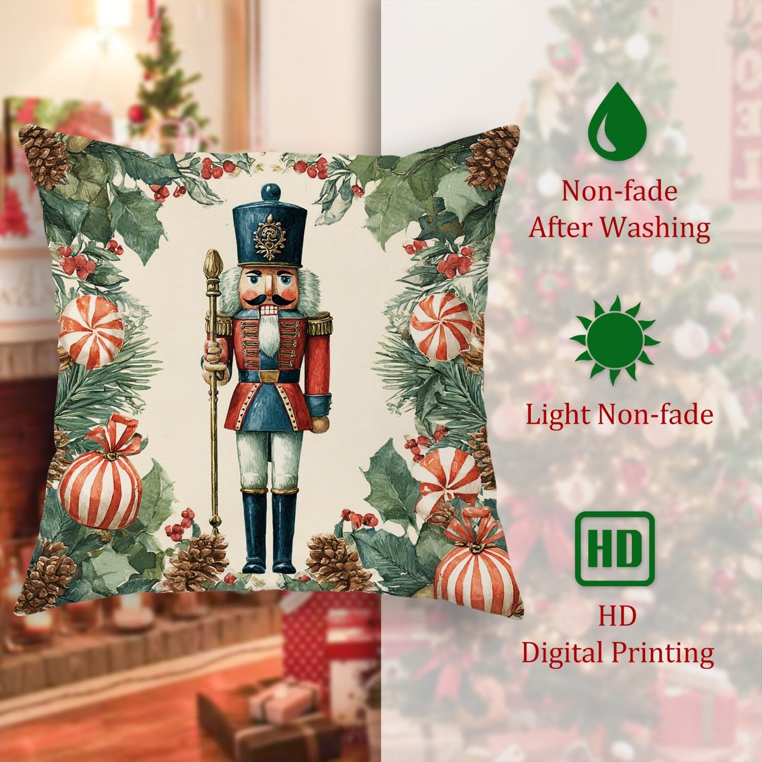 Christmas Throw Pillow Covers Set of 2, Nutcracker Holiday Decorative Cushion Covers, Festive Square Farmhouse Decor for Home Sofa Bed Couch 26x26 Inch