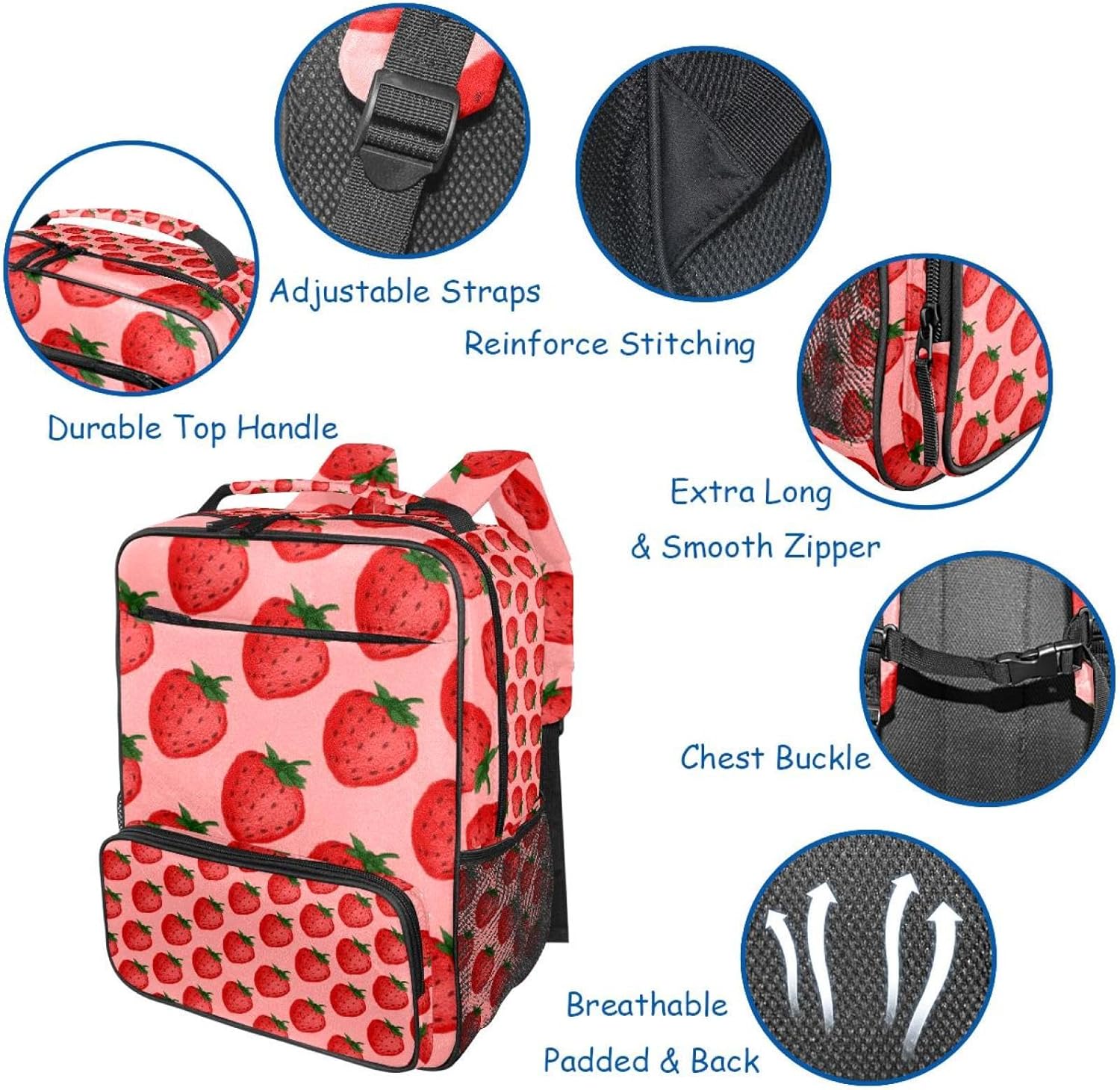 [suojapuku] キッズバックパック、トラベルバックパック、ガールズボーイズスクールバックパック、イチゴのパターン印刷
