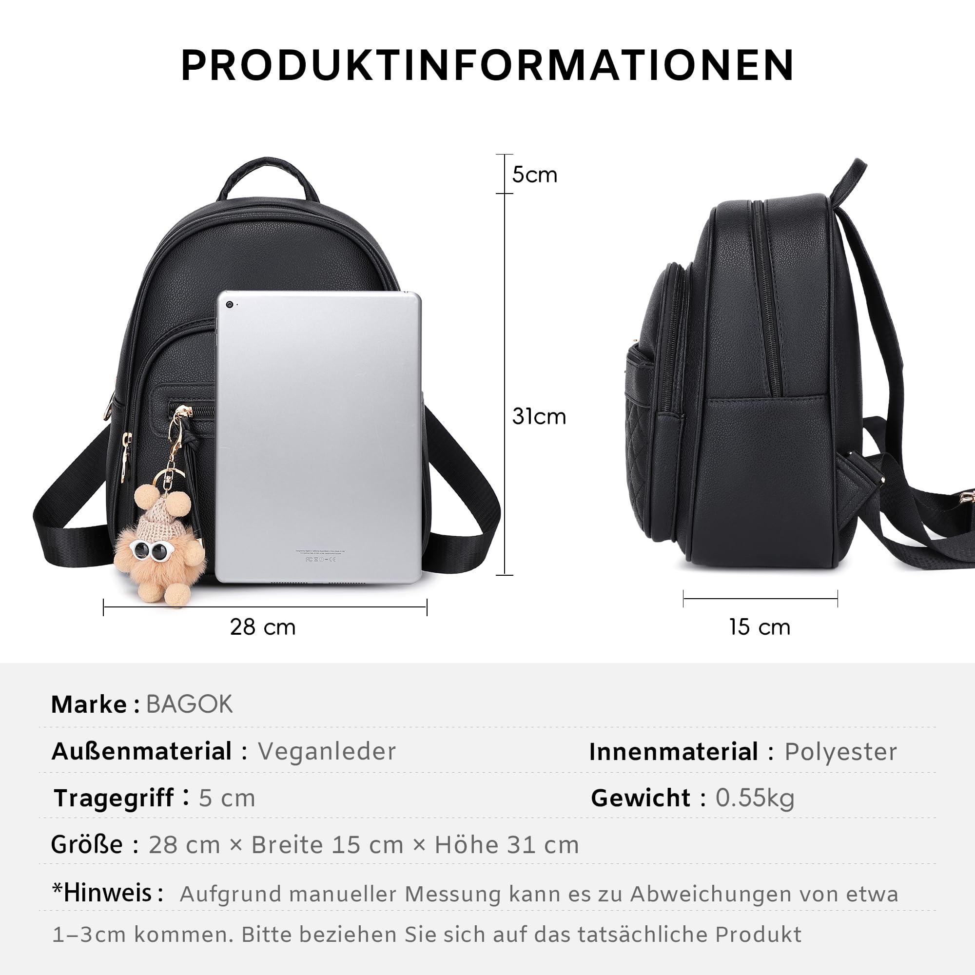 BAGOK Mini Rucksack Damen Klein – Eleganter Kunstleder Rucksack mit Steppoptik, Plüschanhänger & Quaste – Für Frauen & Mädchen im Alltag & auf Reisen(Schwarz)