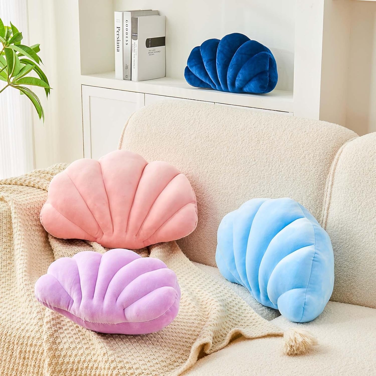 Uvvyui Blue Velvet Sea Shell Shaped Throw Pillow, 18x13 Inch, Soft PP Cotton Fill, Modern Beach Room Decor