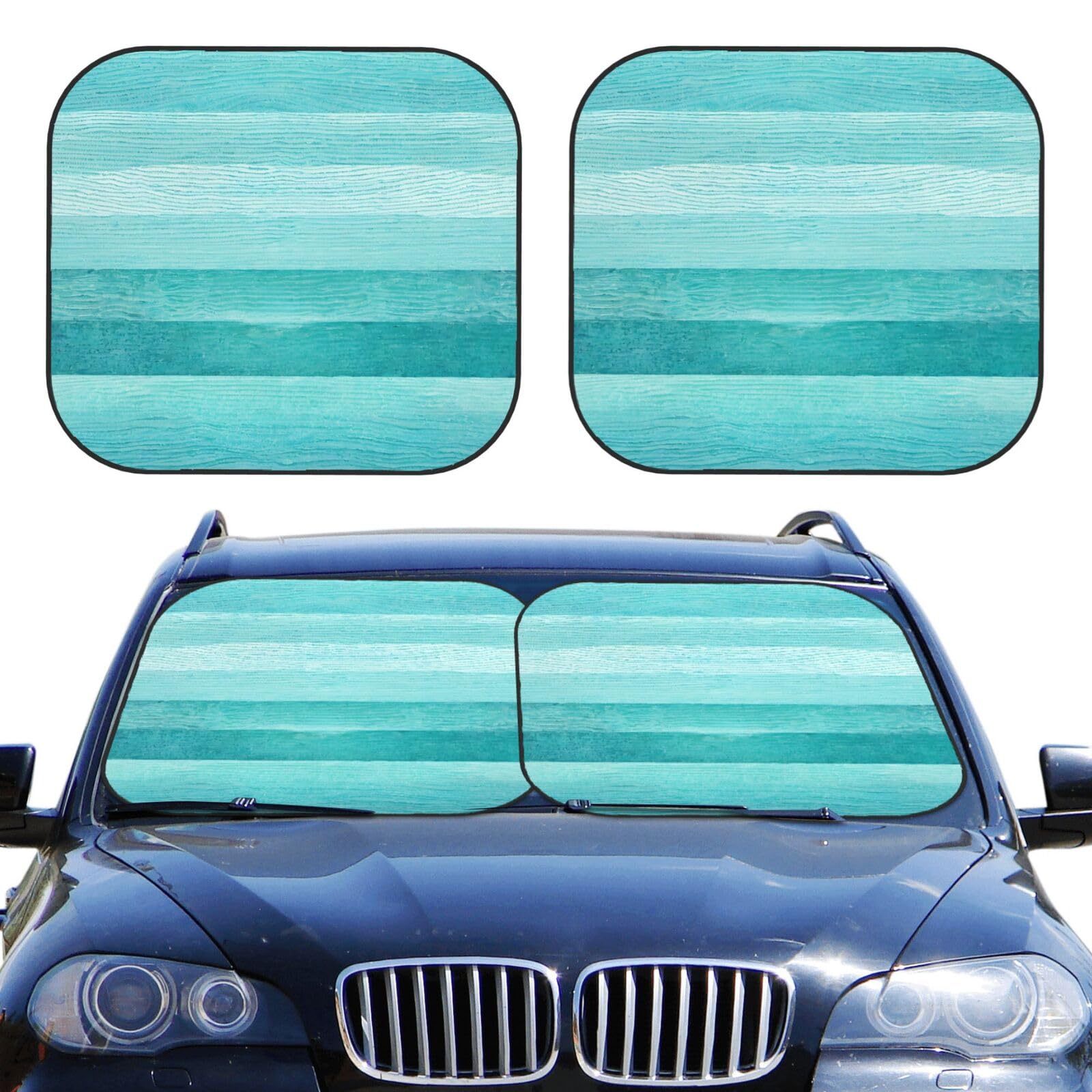 KiuLoam Teal Turquoise Green Wood Car Windshield Sun Shade, 2-Piece Foldable Car Window Sunshades for Visor Protector Front Window Blocks Uv Rays and