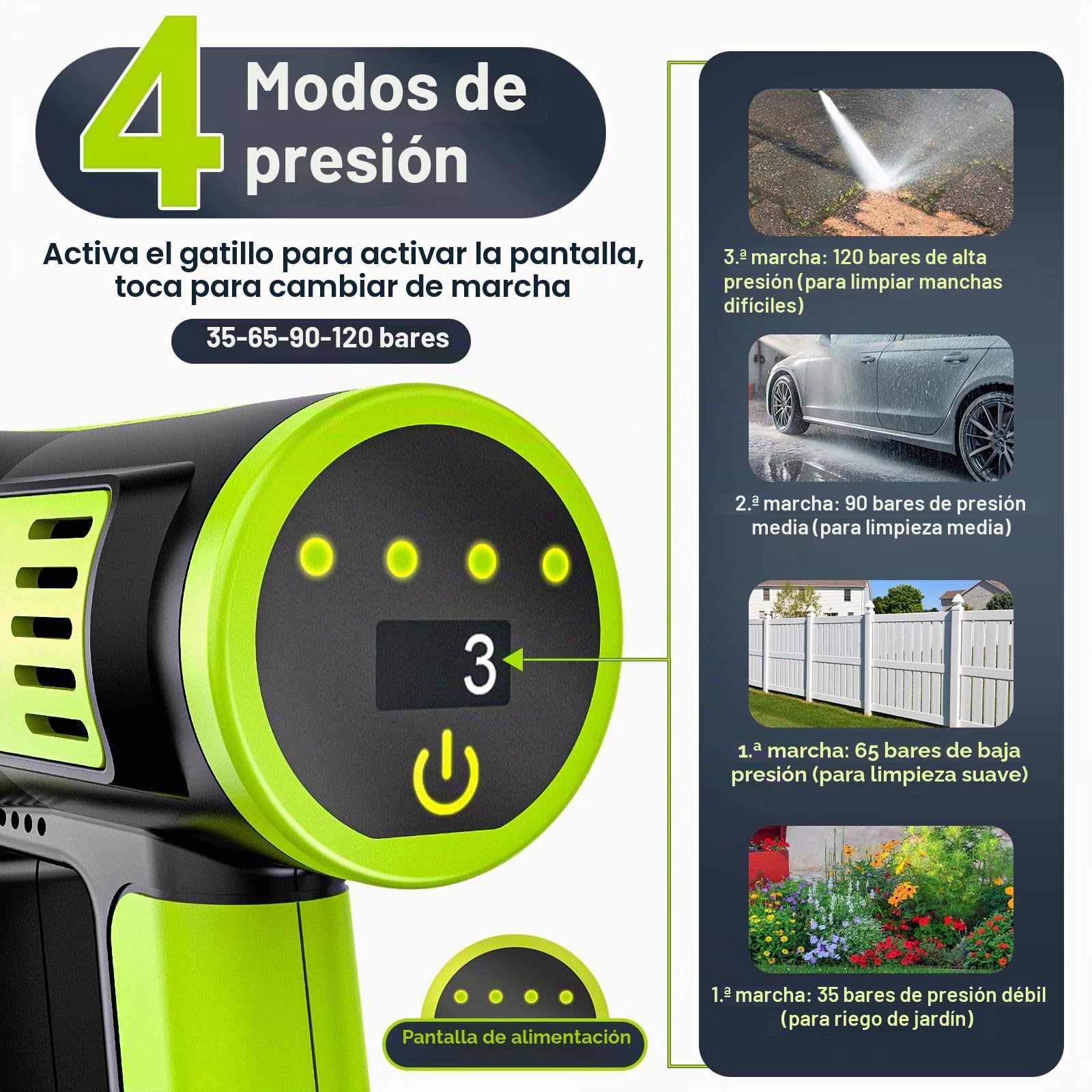 Hidrolimpiadora De Alta PresióN A BateríA 120bar, Pistola De Agua InaláMbrica con 2 BateríAs 4.0ah (Led), 6 En 1 Y Boquilla Giratoria 180° para Lavado De Coche, Fachadas Y Riego De JardíN