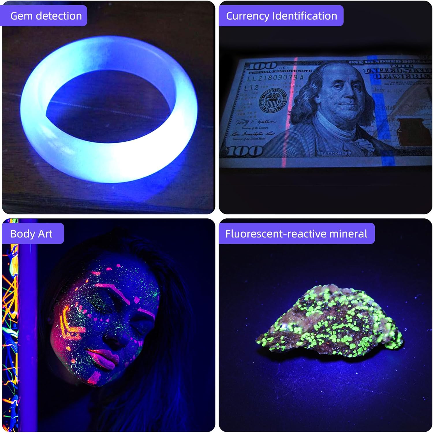 DARKBEAM UV Flashlight 365nm Woods Lamp USB Rechargeable Portable Blacklight LED Ultraviolet Light Mini, Detector for Pet Urine, Stains, Uranium Glass, Money, Amber 370nm, 2 Pack