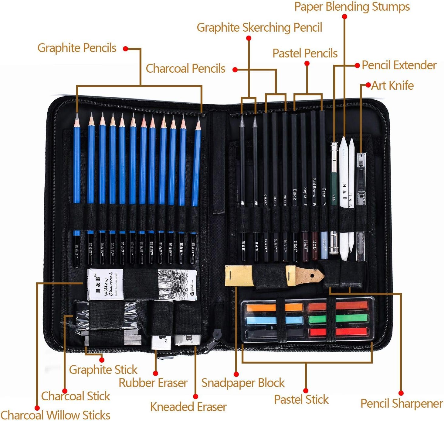 H & B Sketching Pencils Set, 48-Piece Drawing Pencils and Sketch Kit, Complete Artist Kit Includes Sketch Pad, Graphite Pencils, Sharpener & Eraser, Professional Sketch Pencils Set for Drawing : Arts, Crafts & Sewing