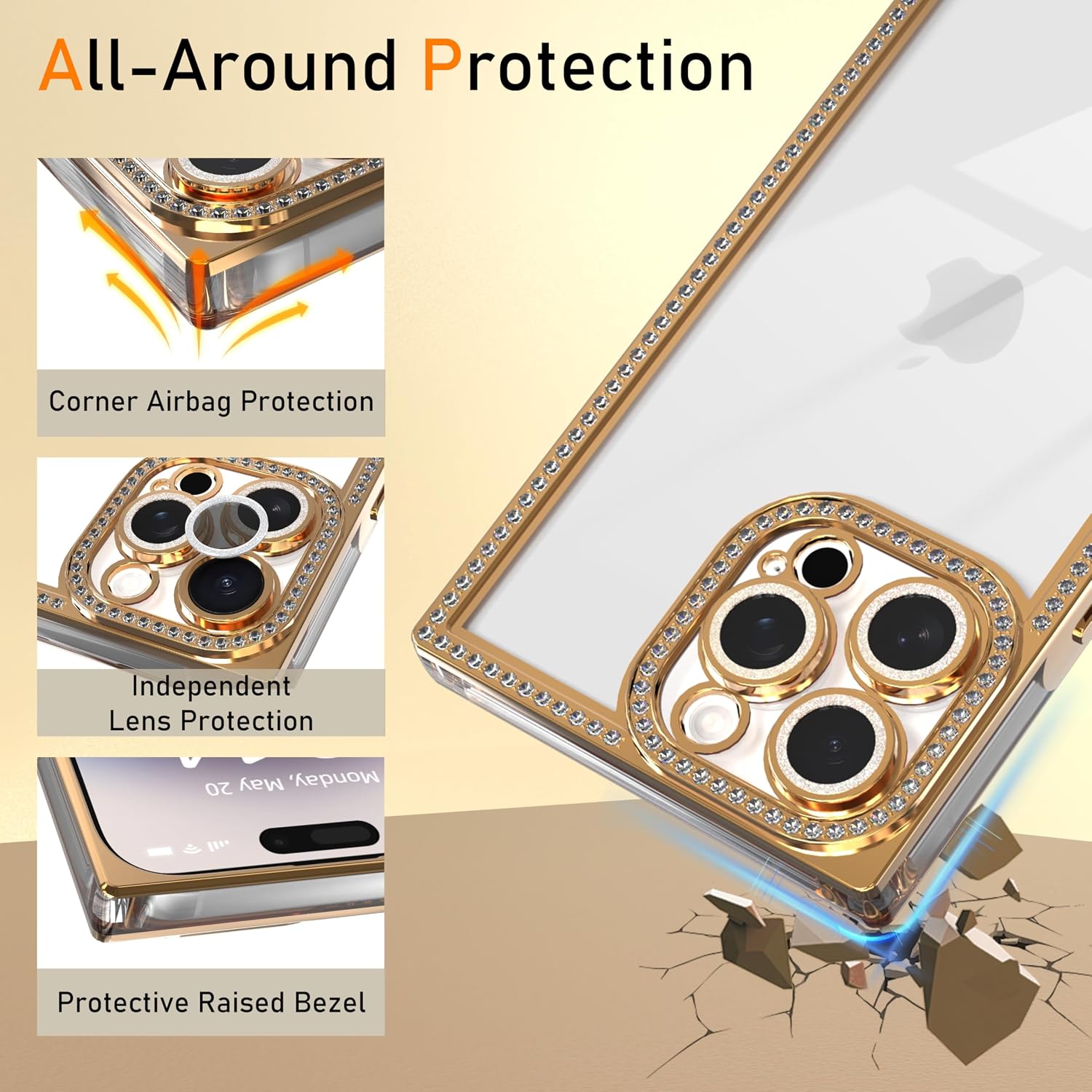 IAIYOXI Rectangle Glitter Bling Diamond Case for iPhone 14 Pro Max,Cute Luxury Sparkly Cover,Full Camera Protection Soft TPU Bumper Shockproof Slim Phone Case for Women Girls(iPhone 14 Pro Max,Gold) image 4