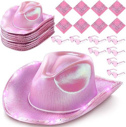JaGely 24 piezas de sombrero de vaquera rosa iluminado LED sombrero de vaquero con corazón gafas de sol y pañuelo conjunto para disfraz de Halloween