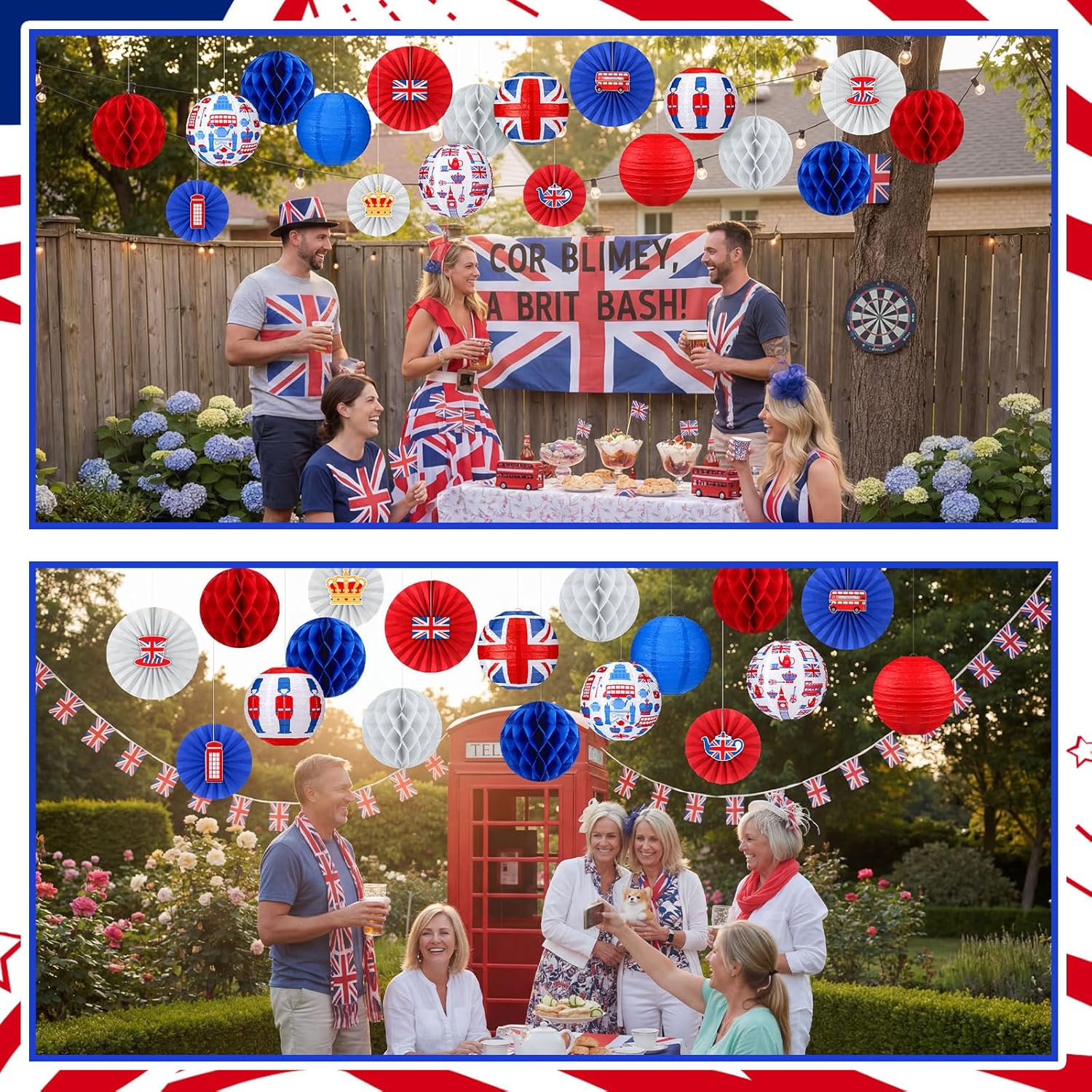 Retisee 18 Pcs British Party Decorations Britain UK England Flag Hanging Paper Lanterns Red White Blue Honeycomb Fans Honeycomb Ball for Hanging Coronation Union Jack Party Decoration