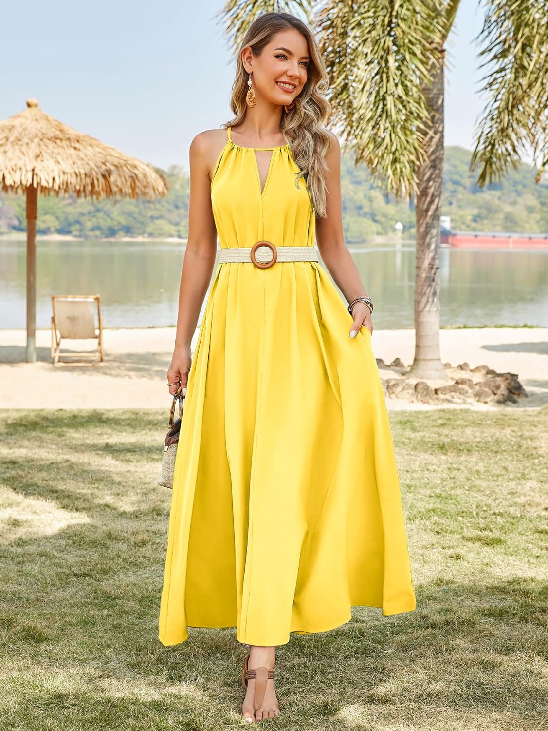 Kikibell Women's Halter Sleeveless Swing Flowy Maxi Summer Loose Pleated Long Sundress for Beach Vacation - Image 6