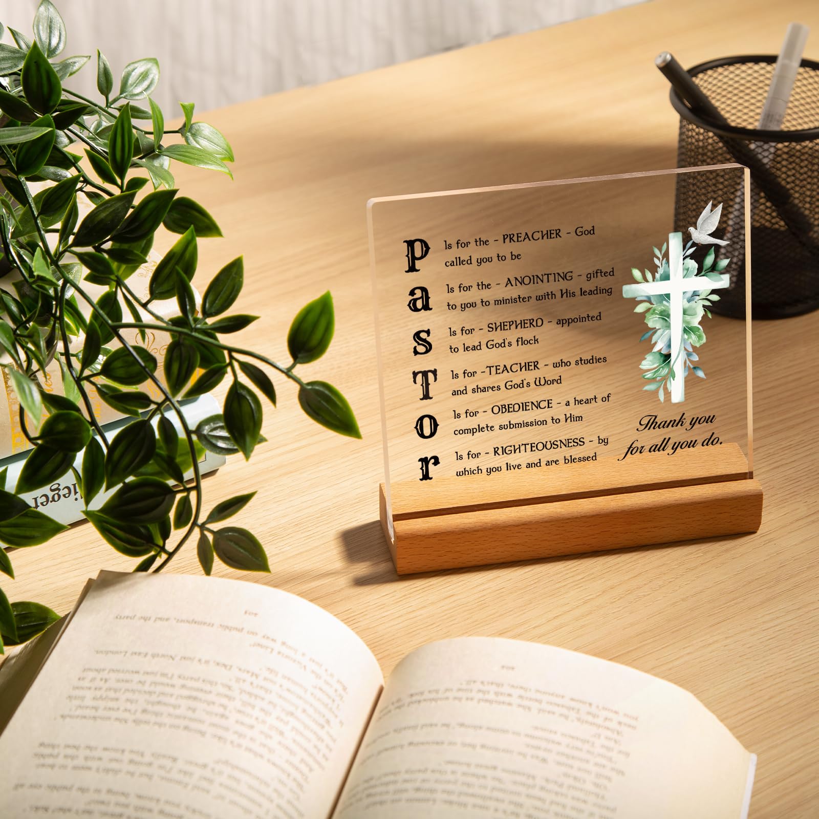Afterprints Pastor Appreciation Gifts, Thank You Acrylic Plaque with Wooden Stand, Pastor Gifts for Men, Birthday Christian Gift for Preacher, Tabletop Sign Decoration