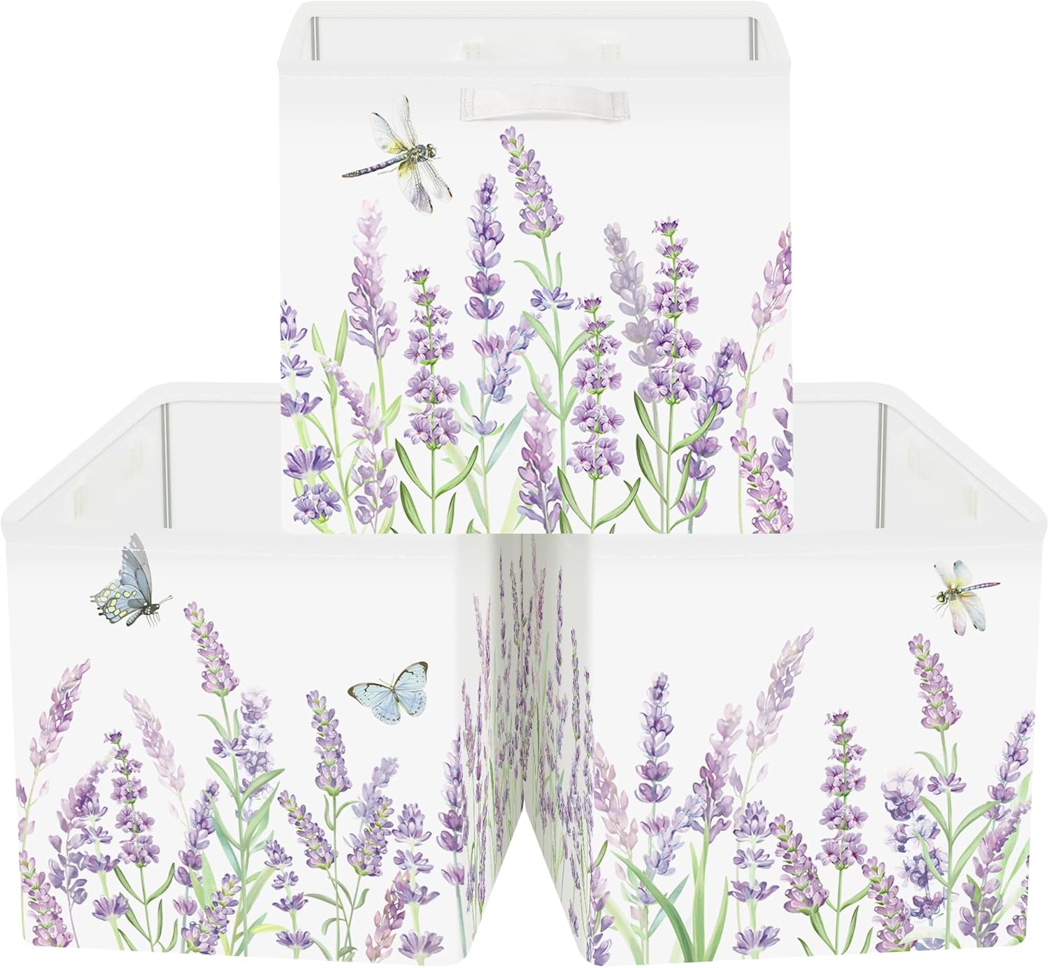 11.8" Wild Flower Storage Cube Organizer Set 3Pcs Clothes Storage Basket Bin for Closet Shelf Garden Butterfly Nursery Kid Room Book Toy Chest, Lavender