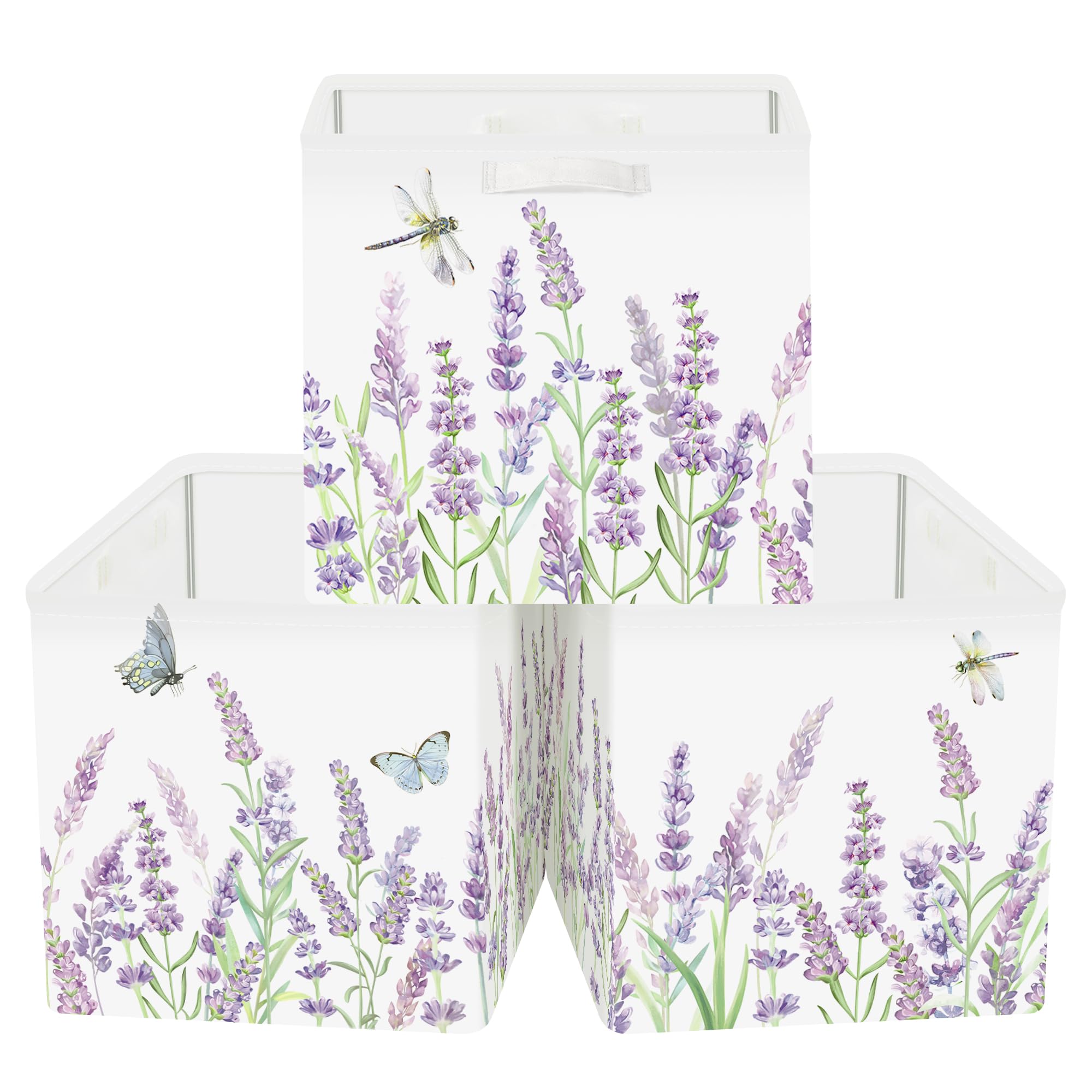 HUUMONSS 30cm Aufbewahrungsbox 3 Stück Wilde Blume Aufbewahrungskorb Kinder Falt Garten Schmetterling mit Griffen Aufbewahrungswürfel Organizer für Spielzeug Bücher Kleidung,Lavendel