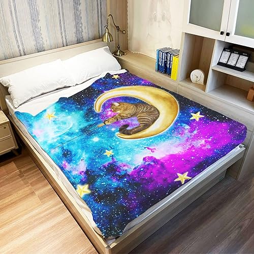 YISUMEI Manta de forro polar con diseño de dibujos animados y diseño de dibujos animados de gato de pesca en la luna y cielo estrellado, suave,