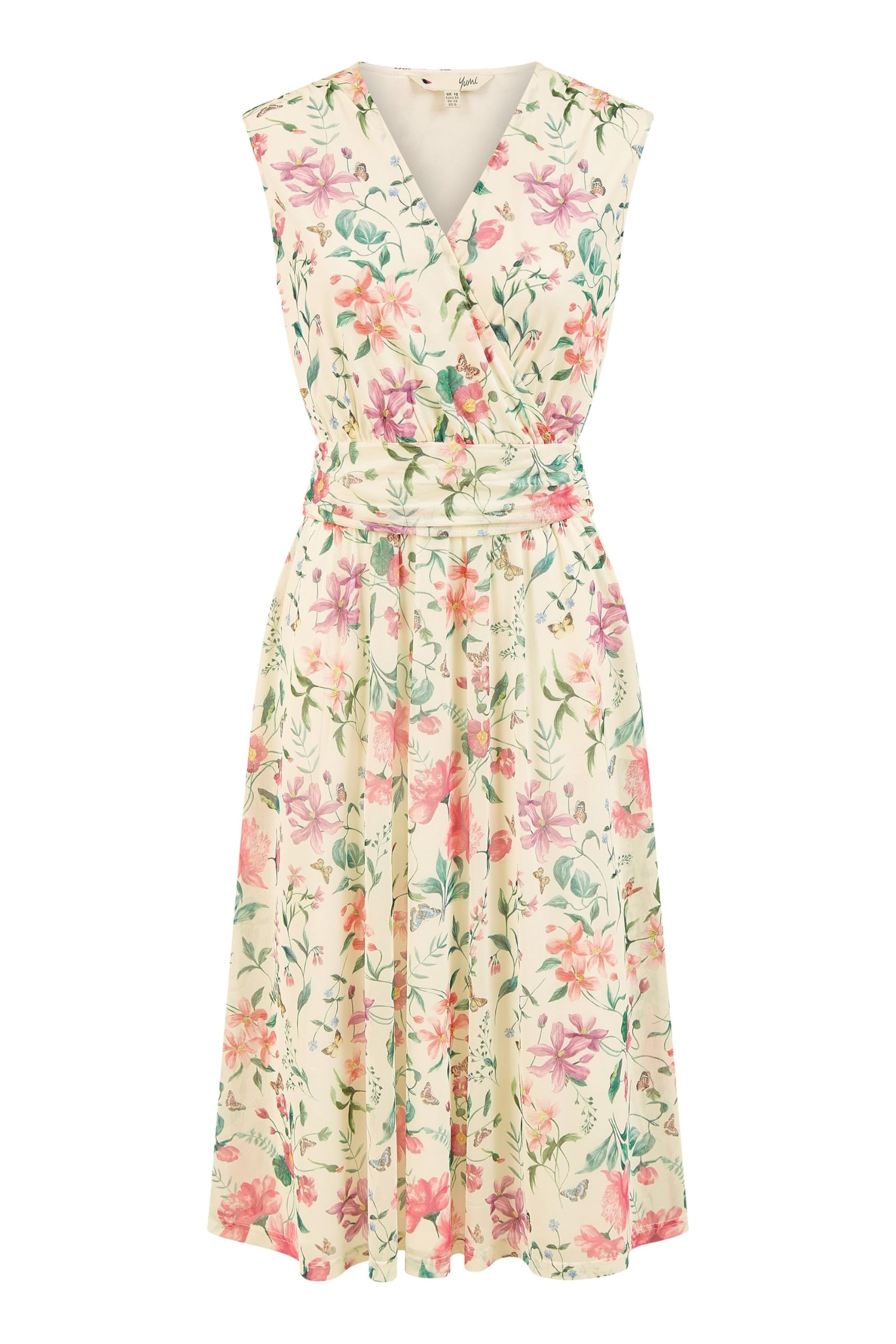 Yumi Women's White Ivory Floral Print Mesh Stretch Midi Dress With Pockets Size 14