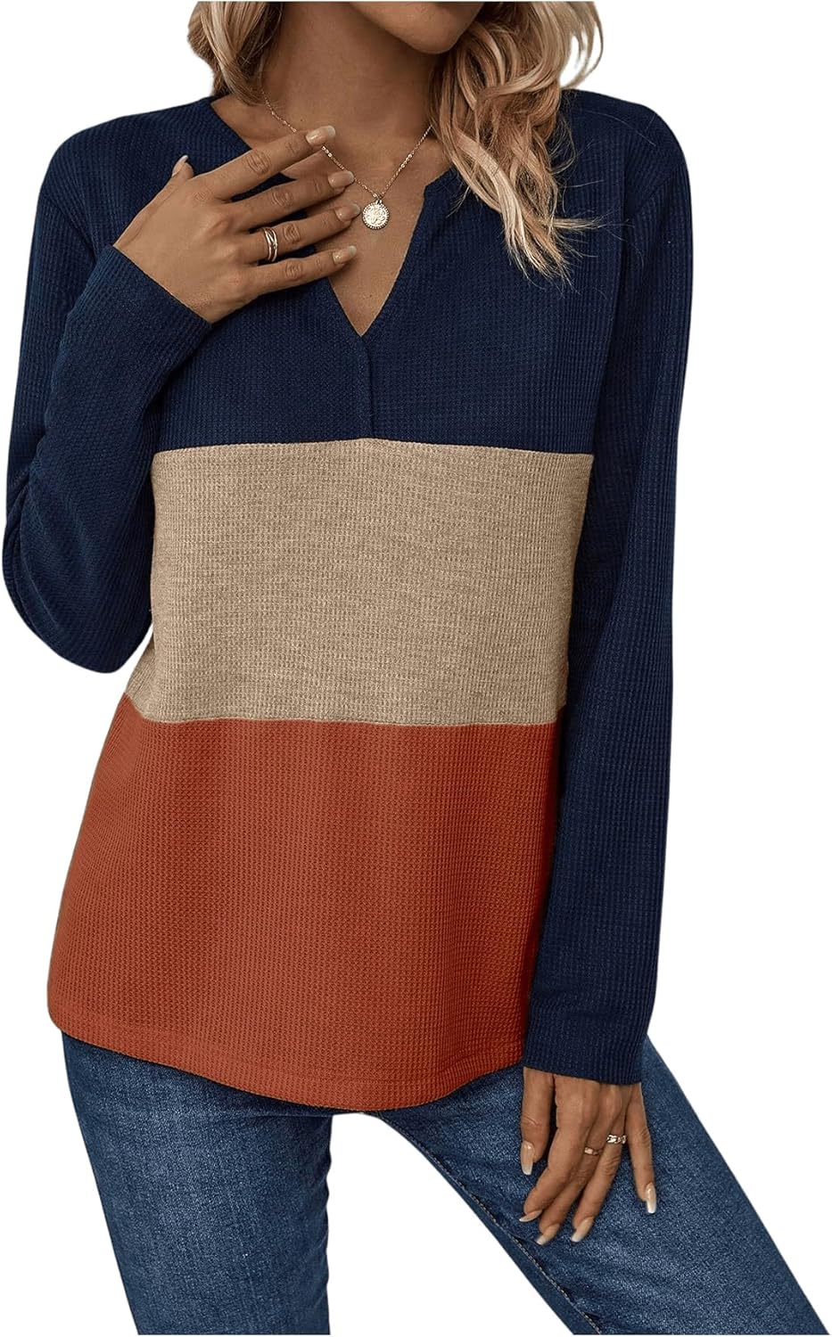WDIRARA Women's Color Block T Shirts Notched V Neck Long Sleeve Tees Knit Tops