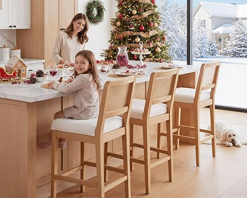 Miniatura 3 de Wahson Juego de 2 taburetes de bar de altura de mostrador, taburete de bar de ratán de granja con respaldo, taburetes de bar tapizados de madera de