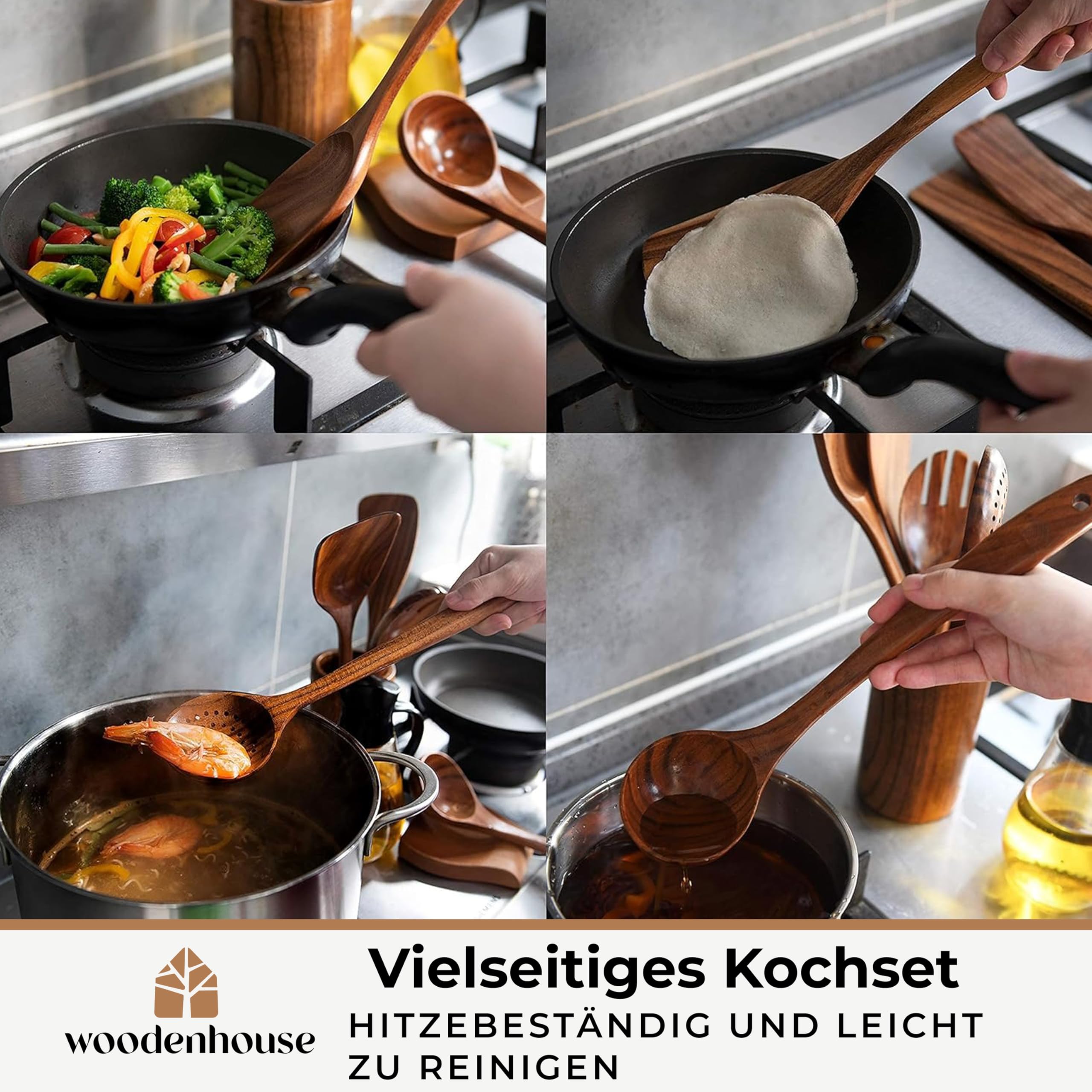 Holz kochlöffel Set 12 Stück aus Teakholz - Robuste Holzlöffel Set mit Halter, Haken und Ablage, Pfannenwender Holz & Kochbesteck - Natürlich & Perfekt für Antihaft, BPA-FREI küchenhelfer