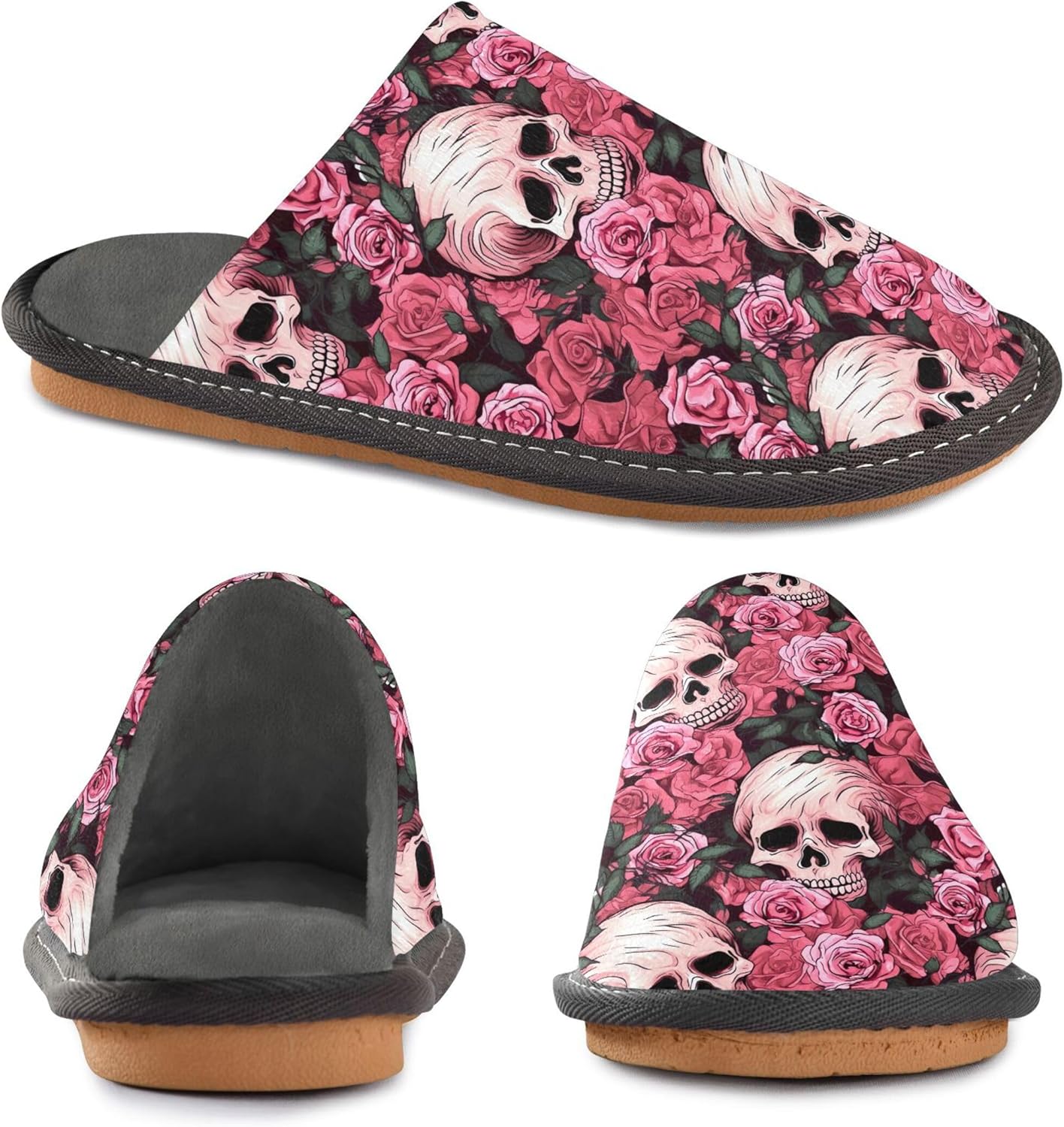 Skull Rose House Slippers – Cozy Fuzzy Slippers for Guests, Washable & Disposable, Perfect for Shoeless Home, Spa & Hotel Use A111868