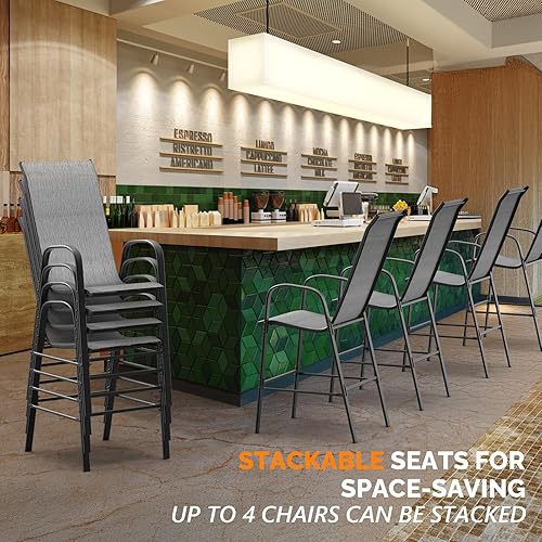 Miniatura 7 de VINGLI Juego de 4 taburetes de bar apilables para exteriores, sillas tipo honda con respaldo alto y reposabrazos, para césped, jardín, bar, gris