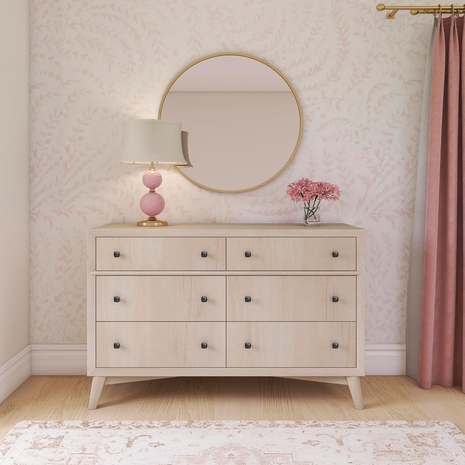 Evolur Loft Antilia Mid-Century Double Dresser in Sand Castle Oak, 6 Spacious Drawers, Comes Fully Assembled, Included Anti-Tipping Kit, Wooden Nursery Furniture