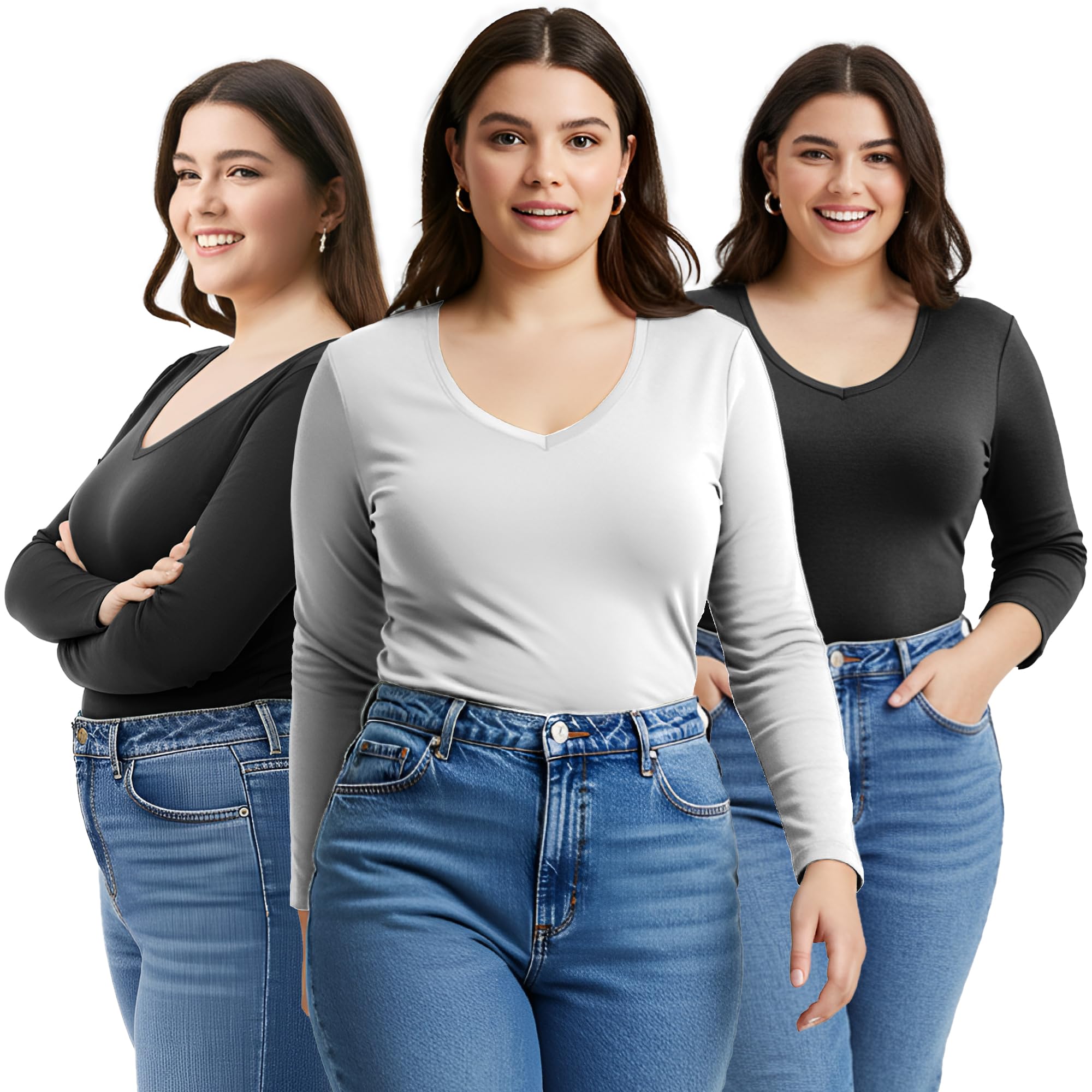 Emmalise Women's Junior and Plus Size Vneck Tshirt Long Sleeves Shirt Tee
