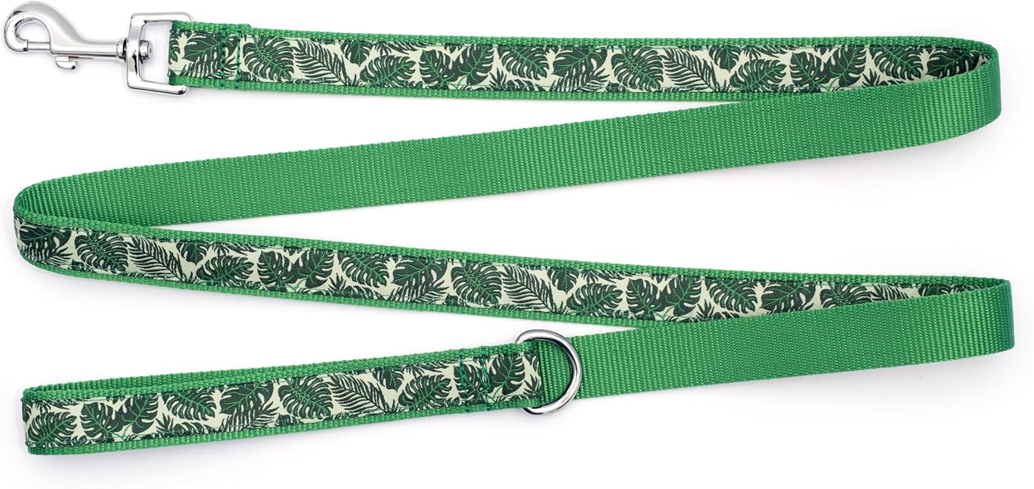 THE WORTHY DOG Tropical Leaves Patterned Nylon Leash for Dogs, Stylish, Durable, Woven Ribbon - Green, Small