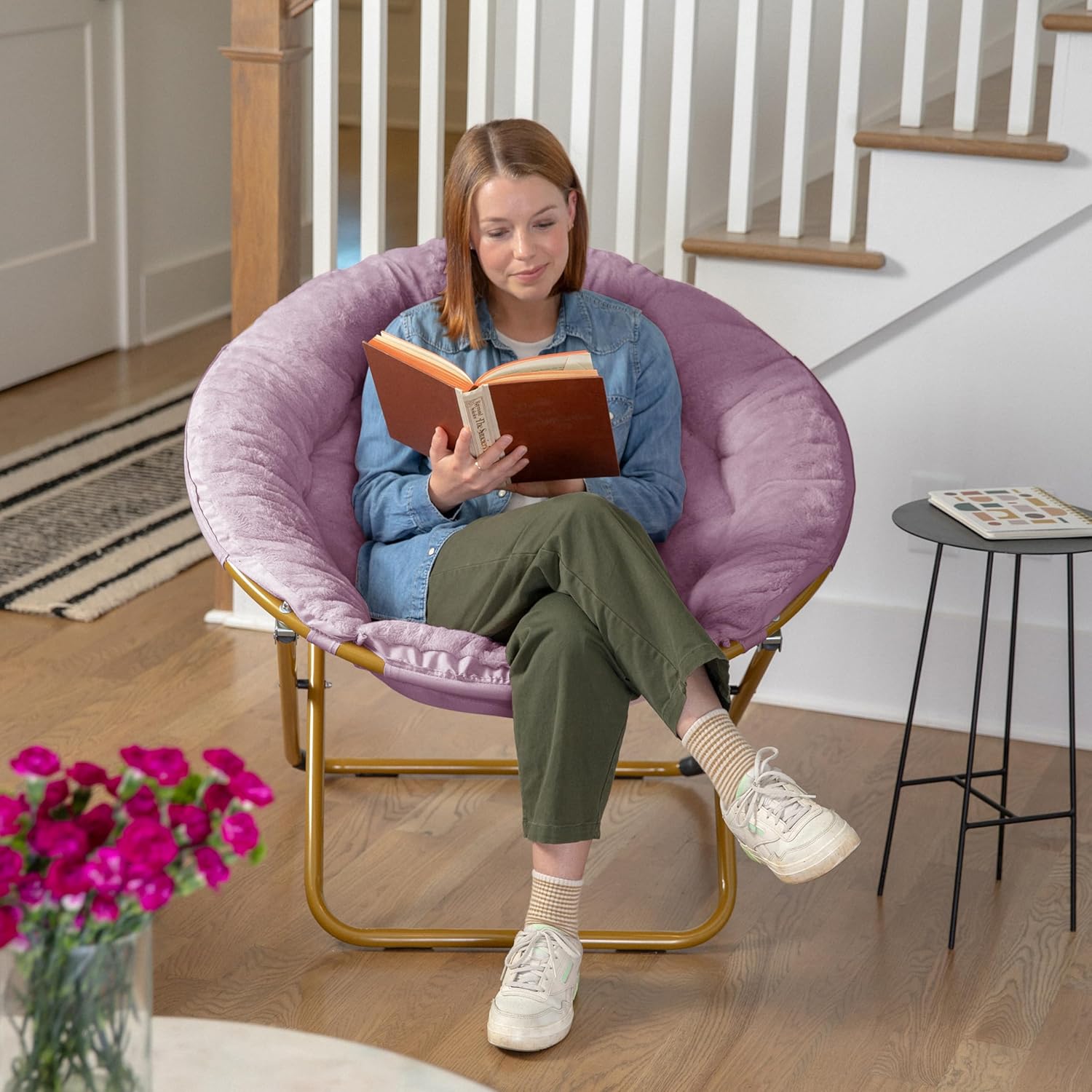 Flash Furniture Gwen Oversize Folding Saucer Chair - Dusty Purple Faux Fur Moon Chair - Soft Gold Metal Frame - 38" Portable Folding Chair - for Dorm and Bedroom