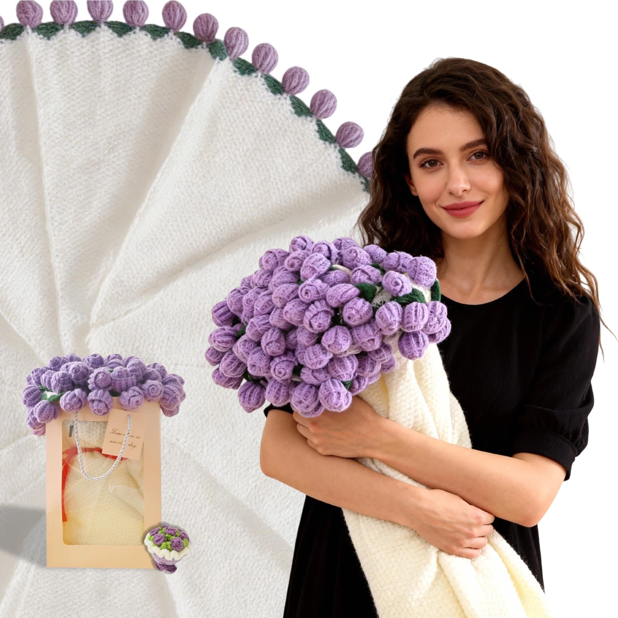 Manta de ganchillo hecha a mano con flores de rosas moradas de 40 pulgadas