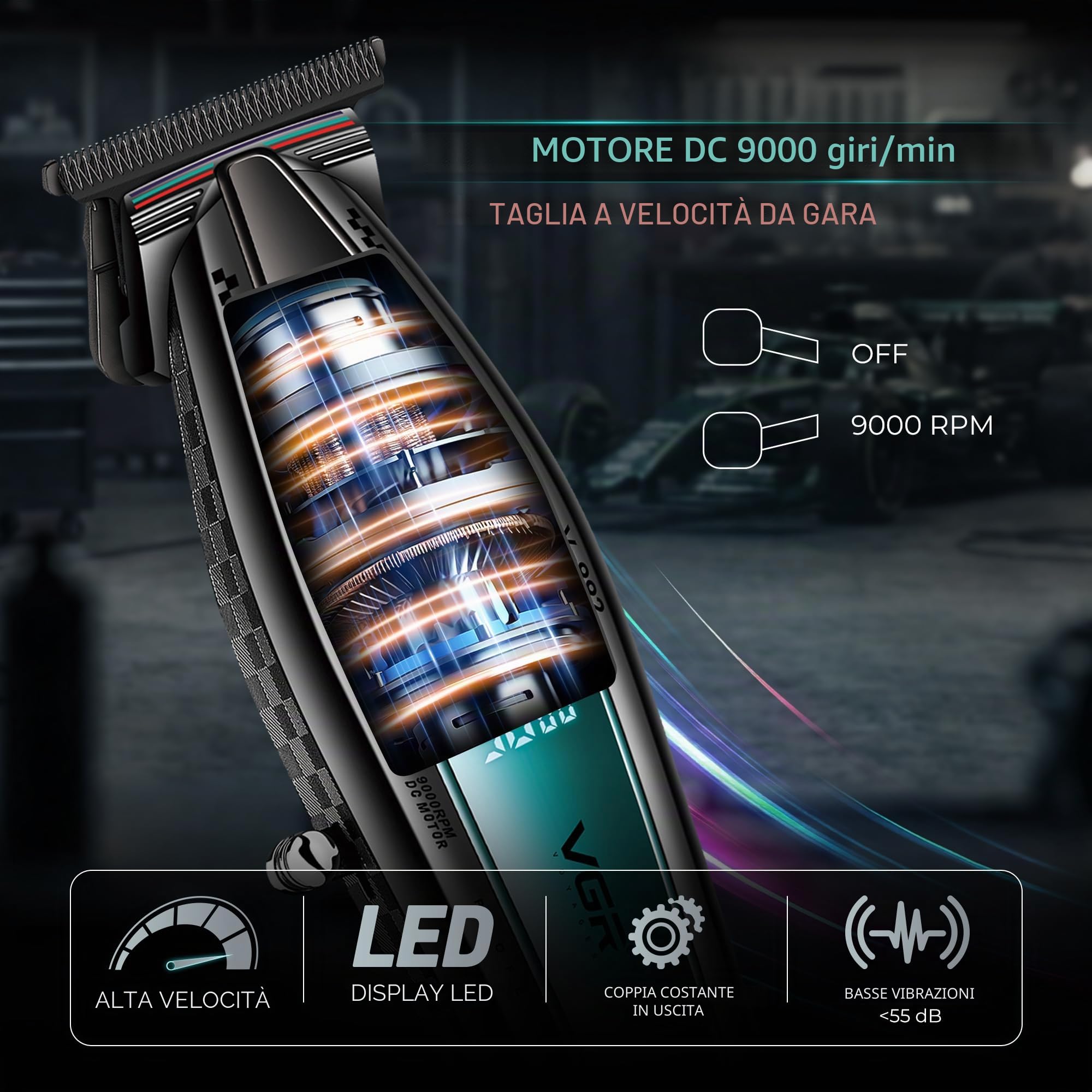 VGR Regolabarba professionale da uomo, motore elettrico DC 9000 giri/min, lama DLC T di precisione, batteria ricaricabile USB-C senza fili, batteria da 240 minuti con dock, dettaglio capelli da