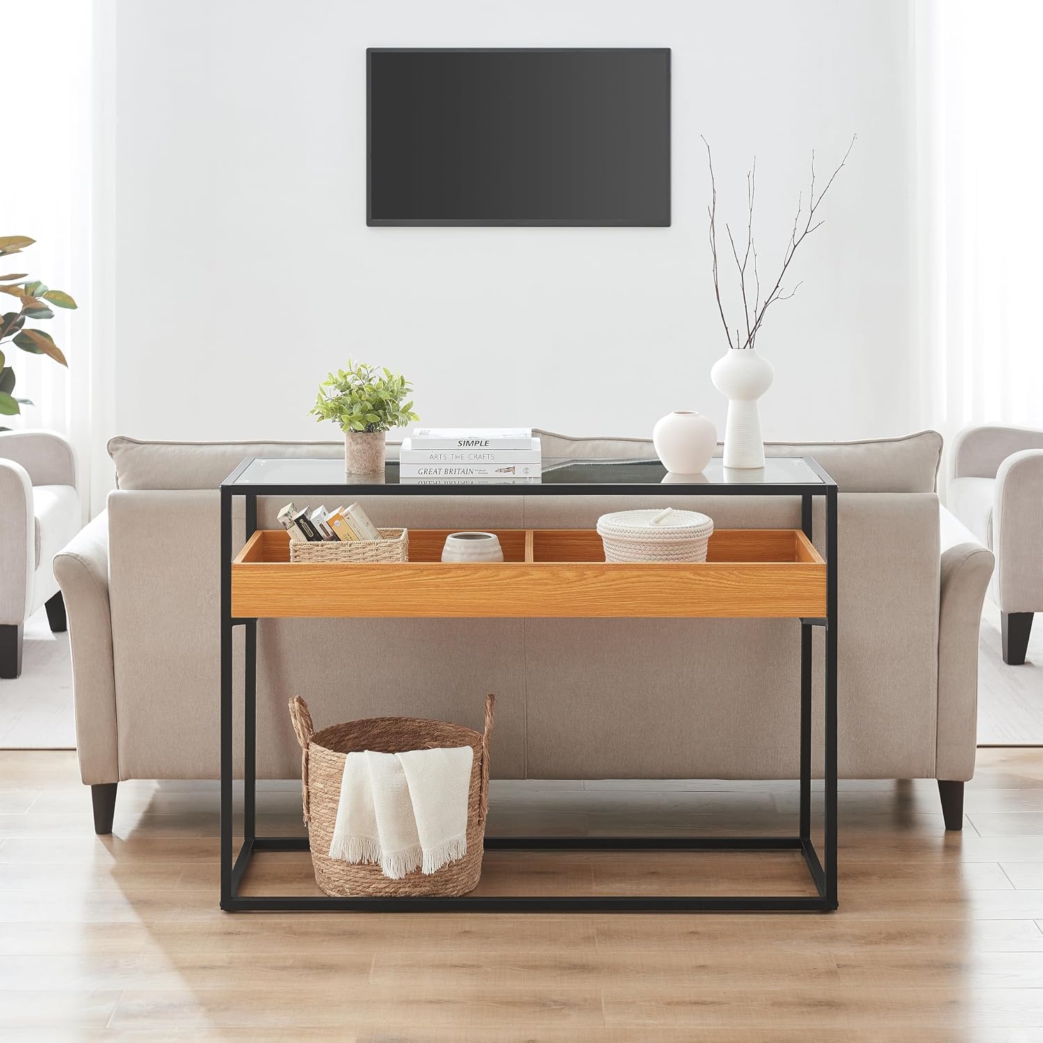 Danya B. Saarinen Two-Level Modern Sunken Glass Display Shelf Rectangle Console Table or Coffee Table - Golden Oak (Console Table)