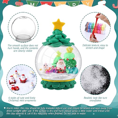 Miniatura 3 de Kit de 13 globos de nieve navideños para niños, 4 botellas redondas transparentes, 1 paquete de 24 colores de arcilla, 6 mini adornos de Navidad, 2