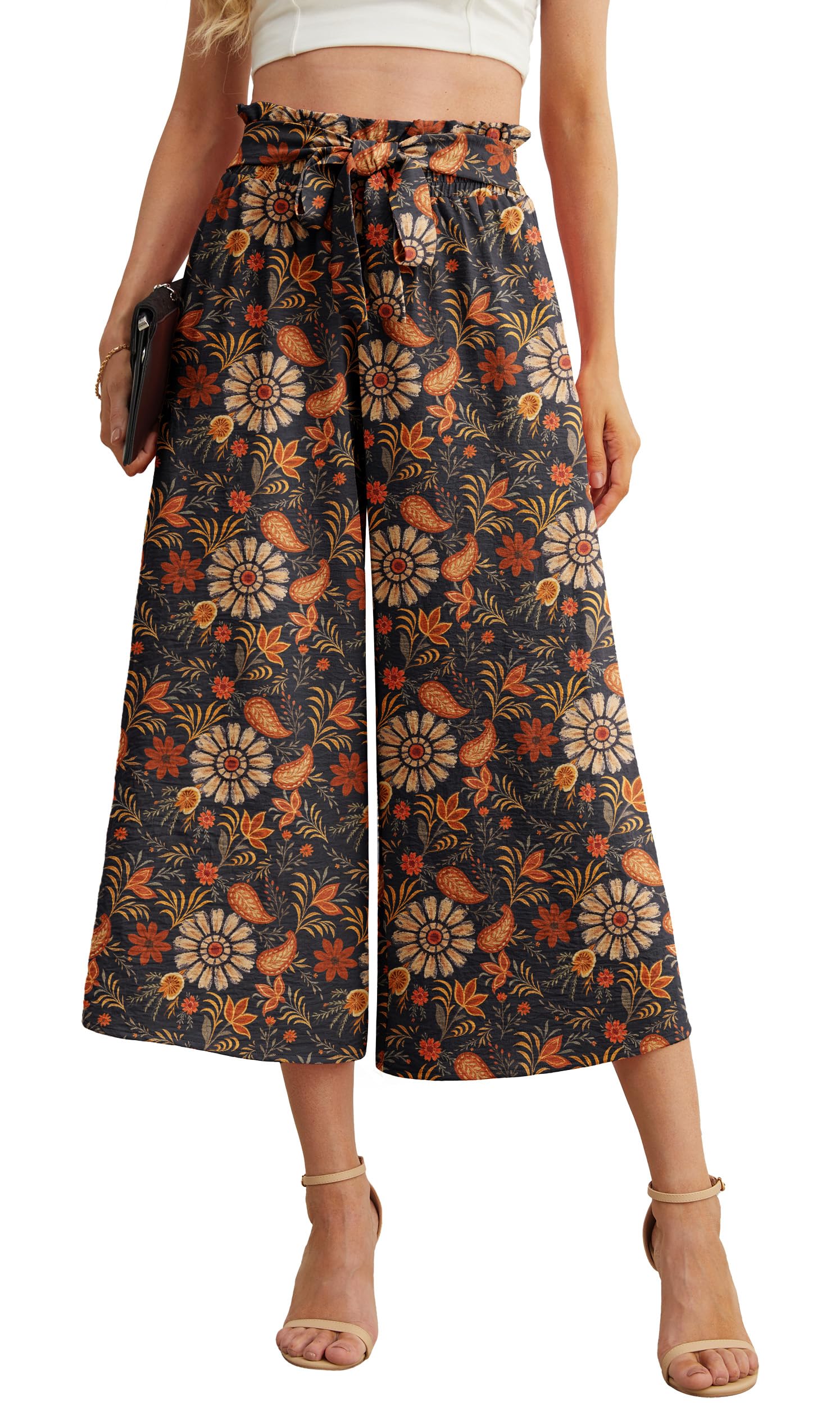 IWOLLENCE Women Flowy Loose Wide Leg Pant Summer Beach Casual Trousers high Waist Adjustable Knot Business Work Casual Pants