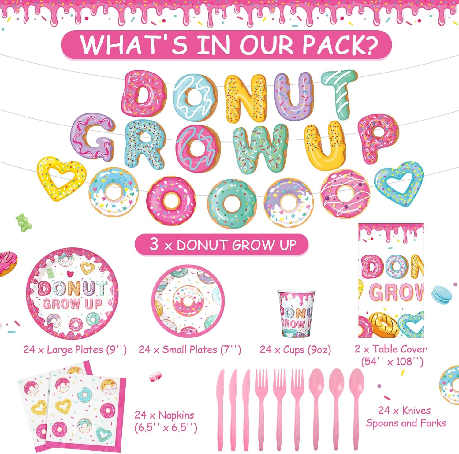 Tiamon 171 Pcs Candyland Donut Party Decorations for 24 Guest Candy Themed Party Decorations Include Plates Napkins Cup Banner Tablecloth Knife Fork Spoons Candy Land Grow up Birthday Decor(Donut) - Image 2