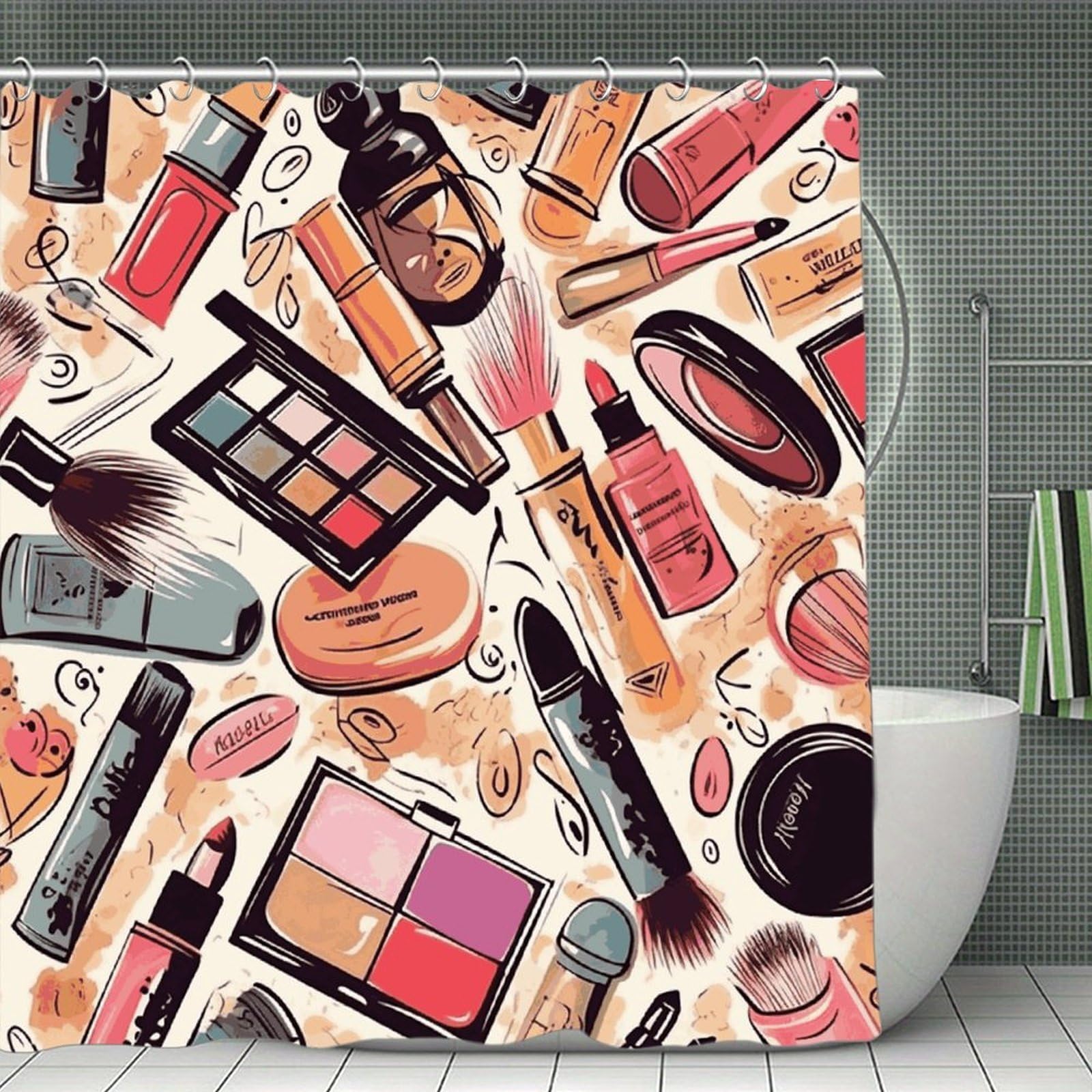 Cosmetic And Makeup Theme Pattern Shower Curtain with Hooks Modern Farmhouse Bathroom Curtain Waterproof Cloth Bath Curtains Cute Washable Blackout Privacy Curtains for Bathroom Bathtub 70.8"x70.8"